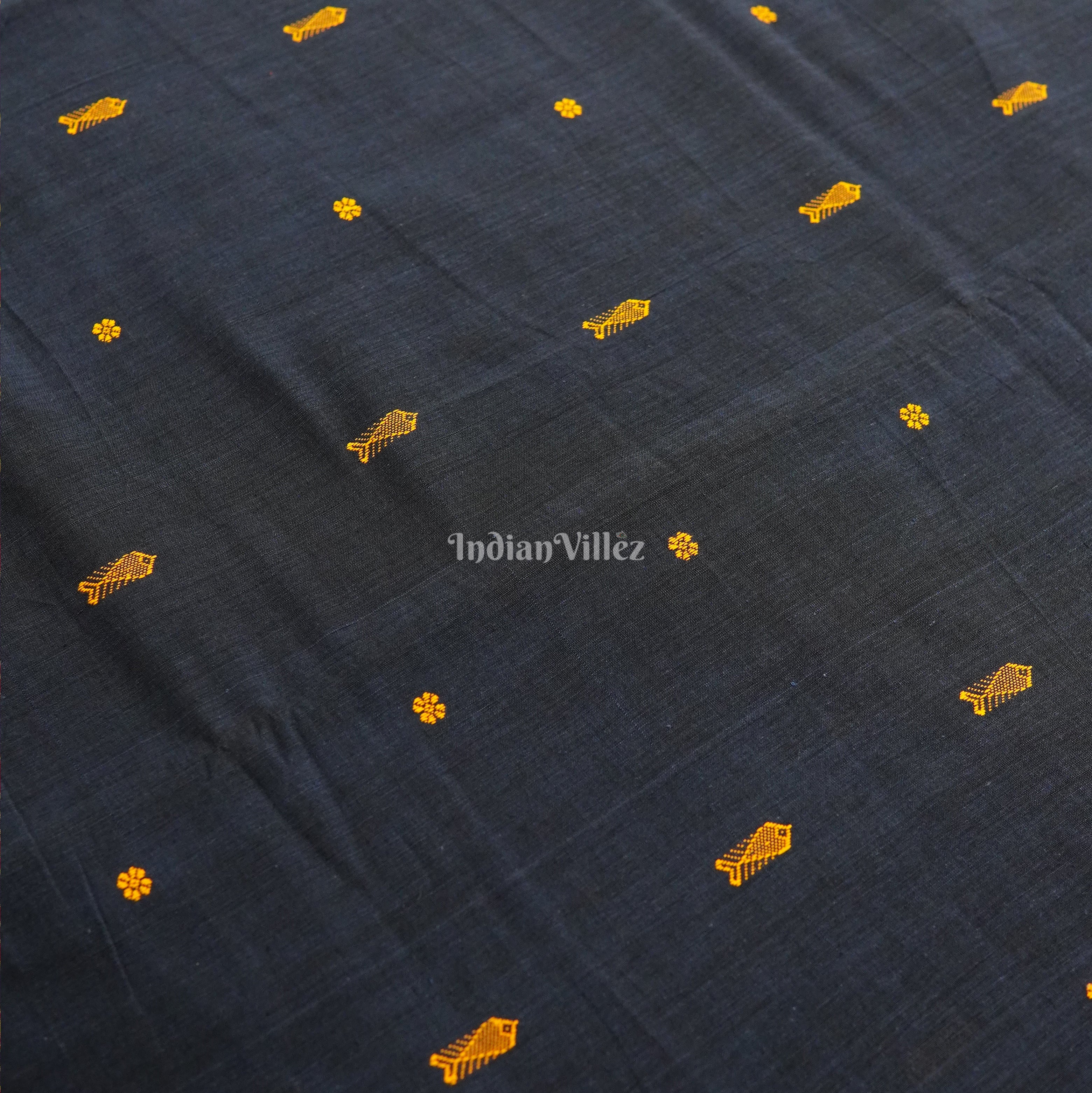 IndianVillèz Blue Fish & Flower Motif Bomkai Cotton Fabric - view 2