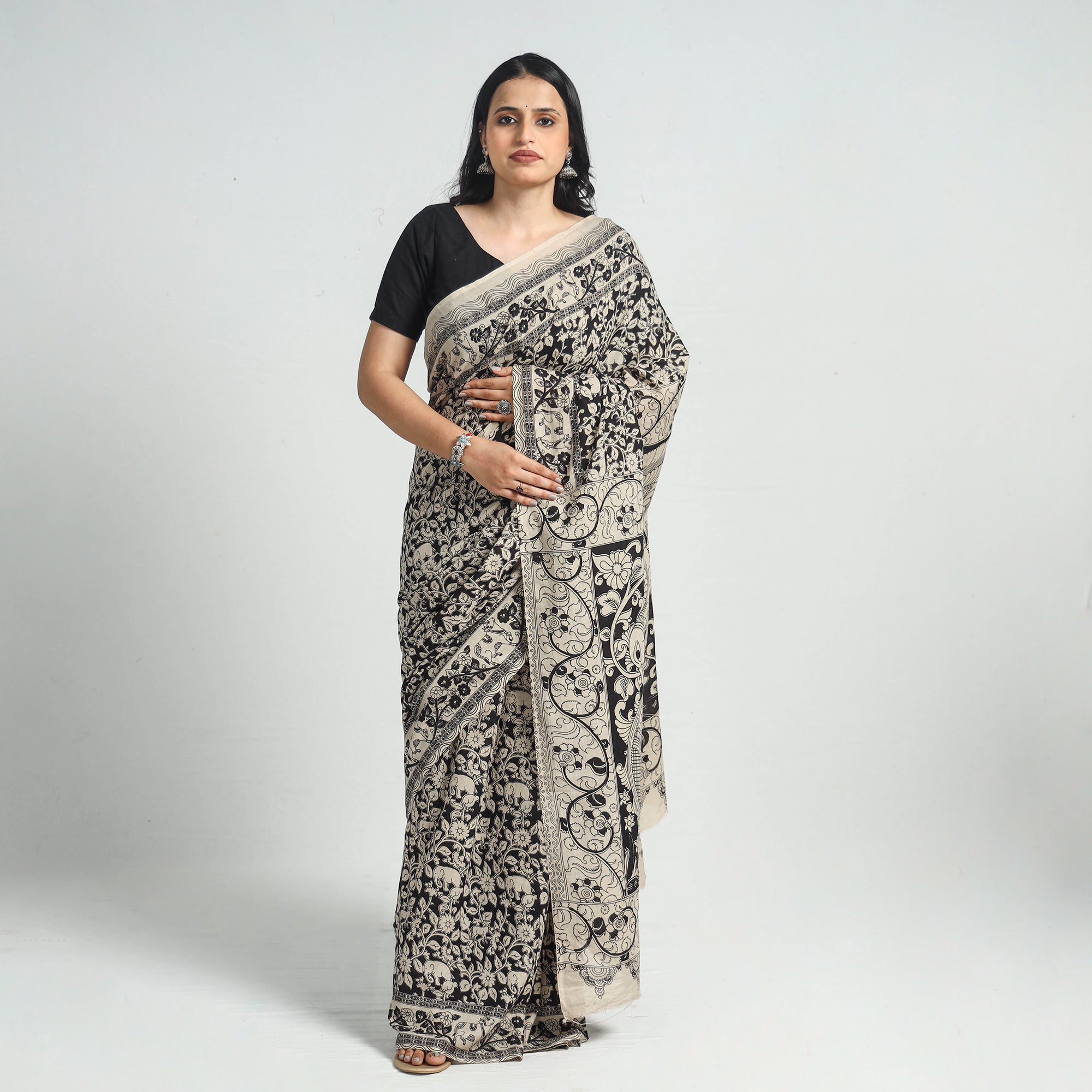 SOUTH KARGHA Black - Printed Cotton Kalamkari Saree with Blouse Piece 02