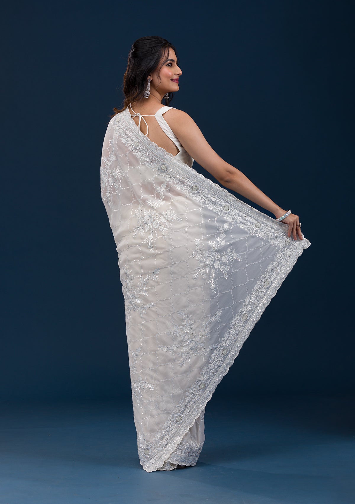 Koskii Cream Threadwork Chiffon Saree – Women's - view 2