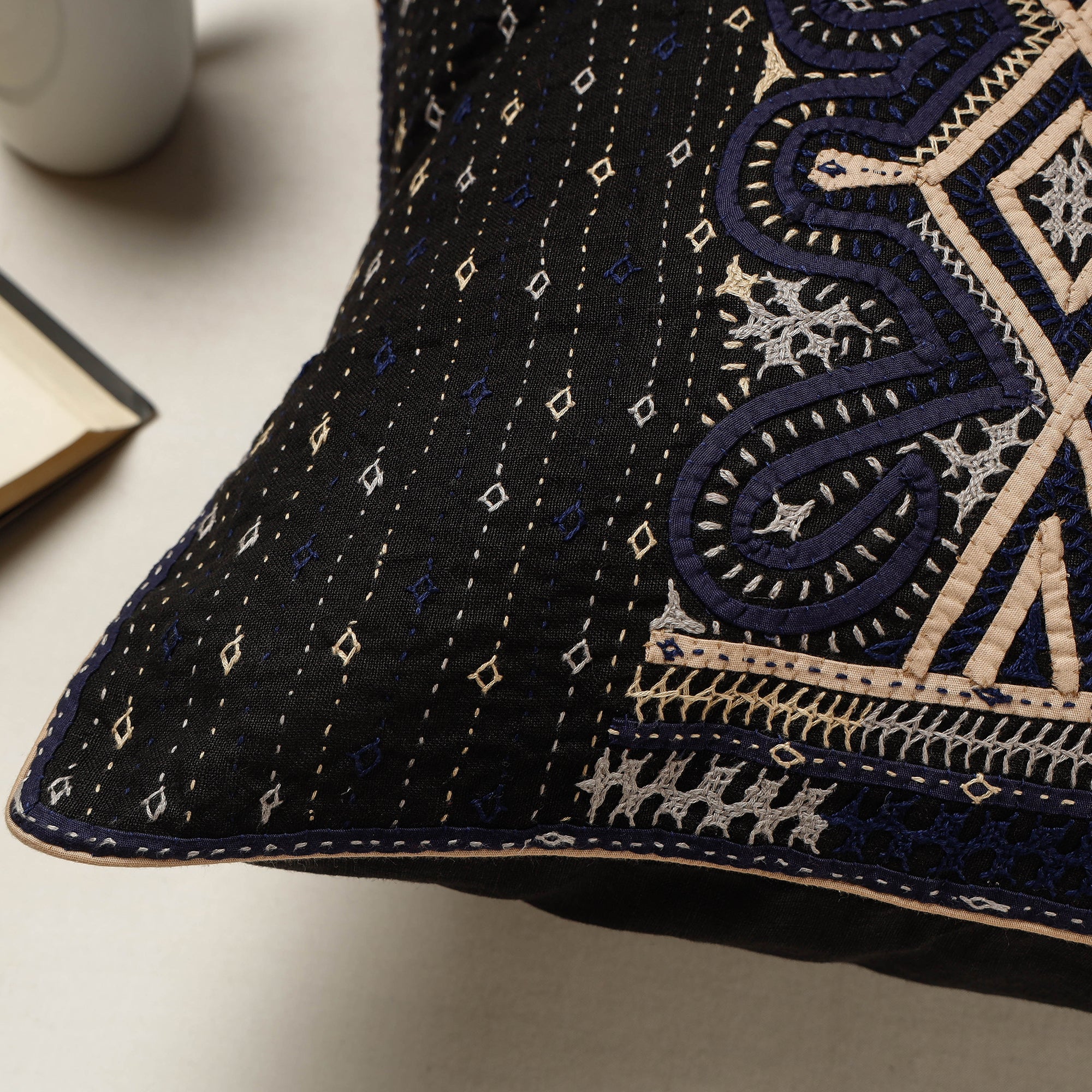 QASAB Black - Kutch Dhebariya Qatab Hand Embroidered Cotton Cushion Cover (16 x 16 in) - view 2