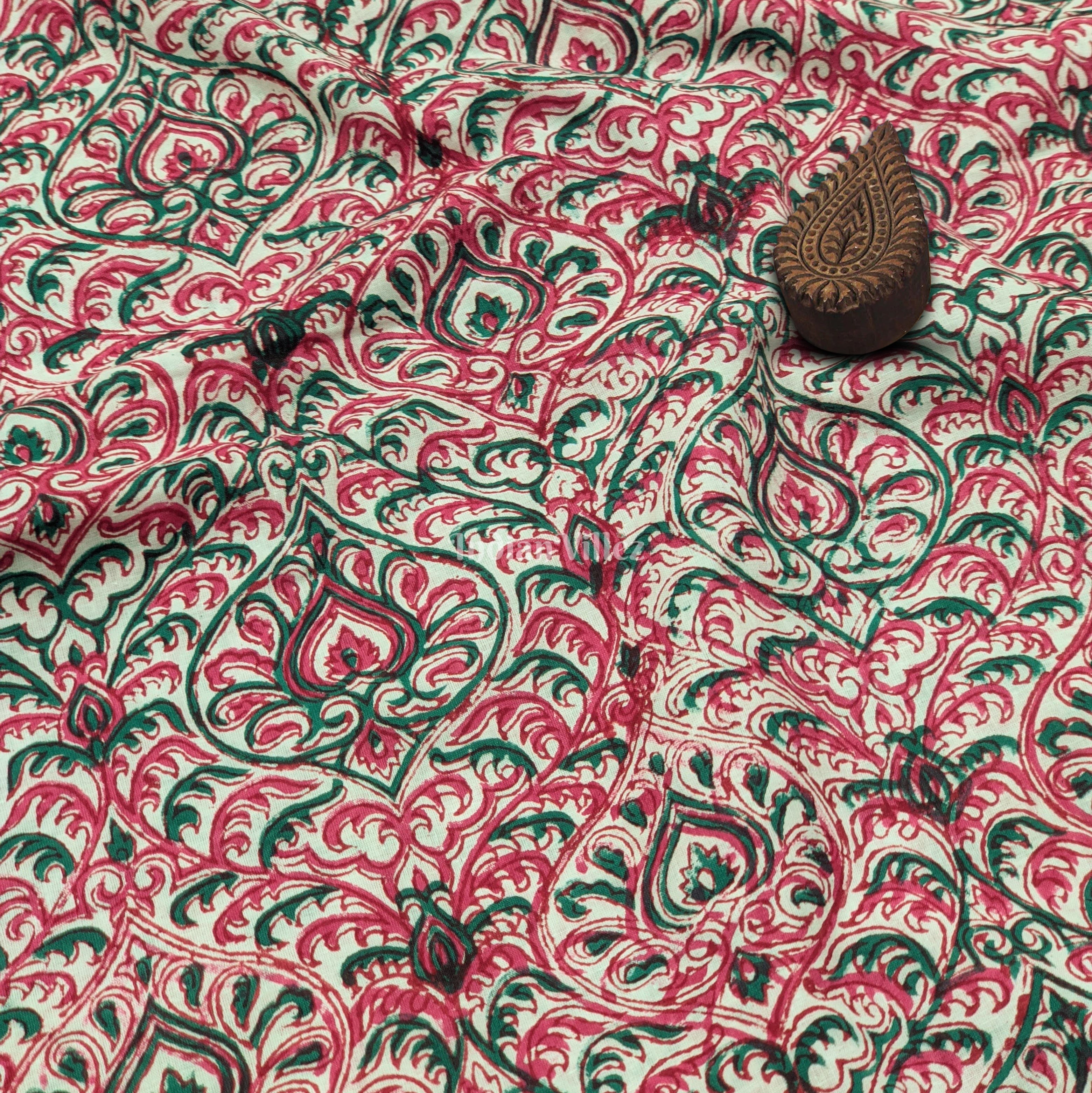 IndianVillèz Green Pink Floral Hand Block Printed Cotton Fabric