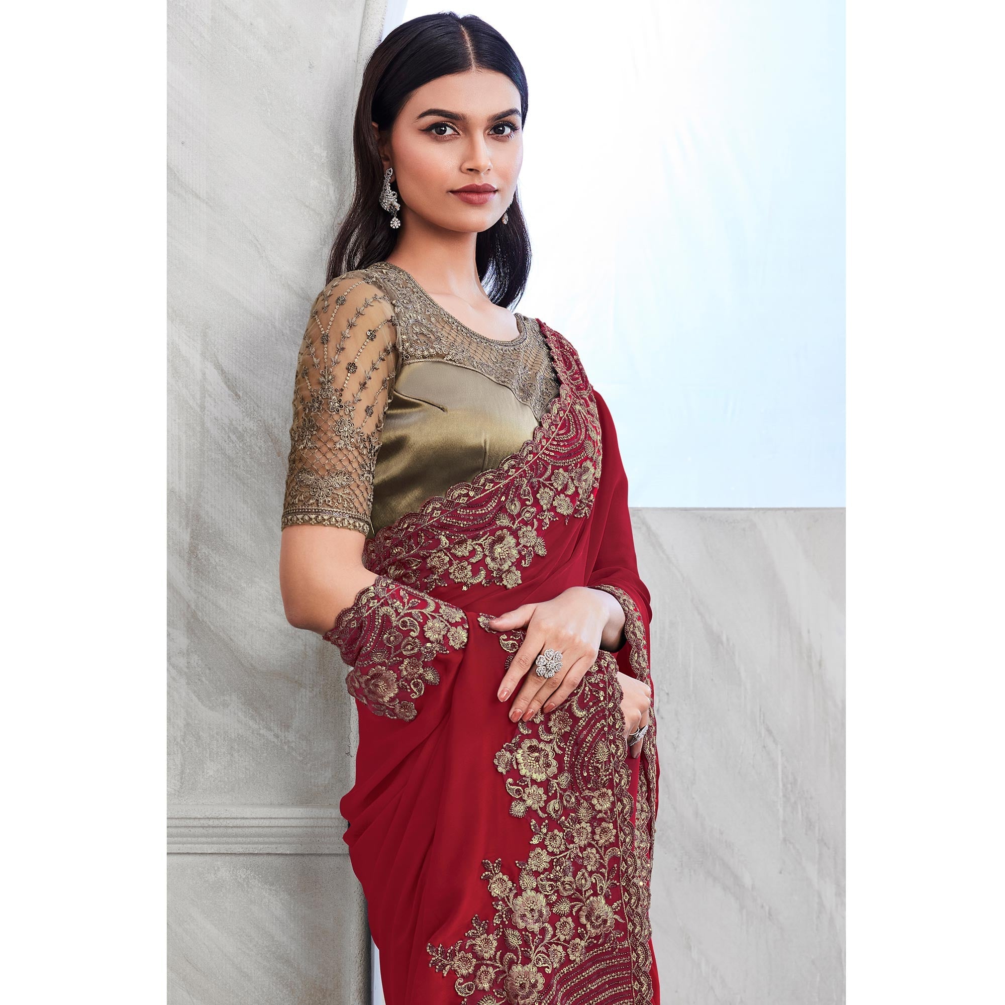 Peachmode Maroon Floral Sequins Embroidered Georgette Saree - view 4