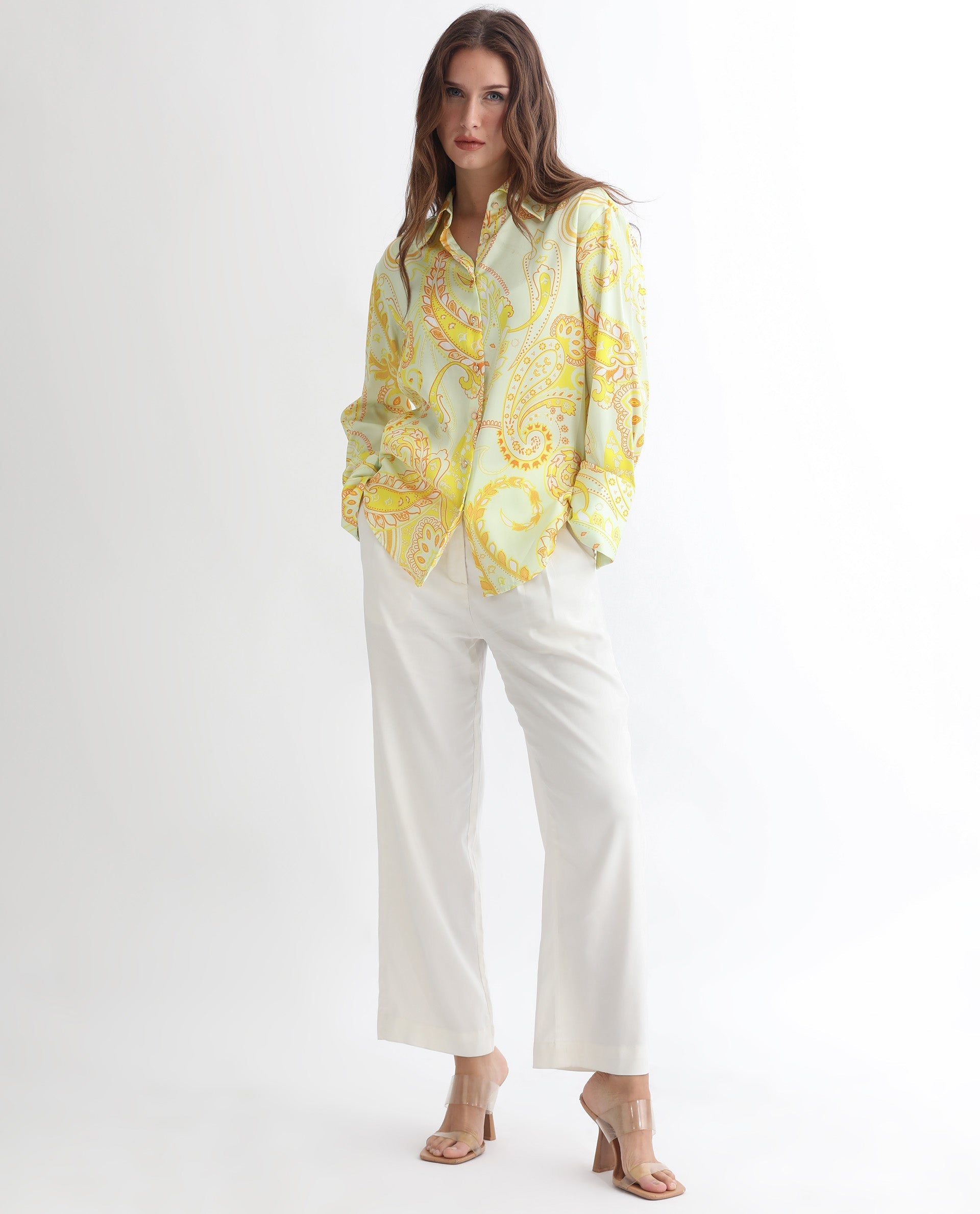 Rareism Women Lander Light Yellow Polyester Fabric Full Sleeves Button Closure Shirt Collar Regular Fit Paisley Print Top - view 2