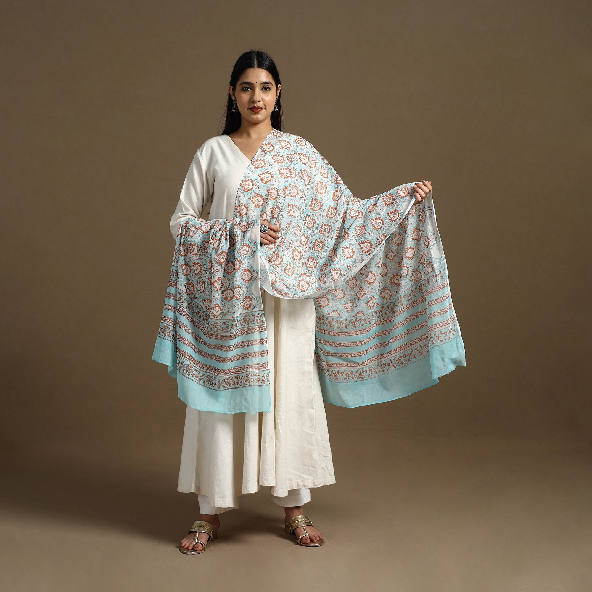 ARTISAN HAND BLOCK PRINTS Blue - Block Print Mul Cotton Sanganeri Floral Dupatta 32