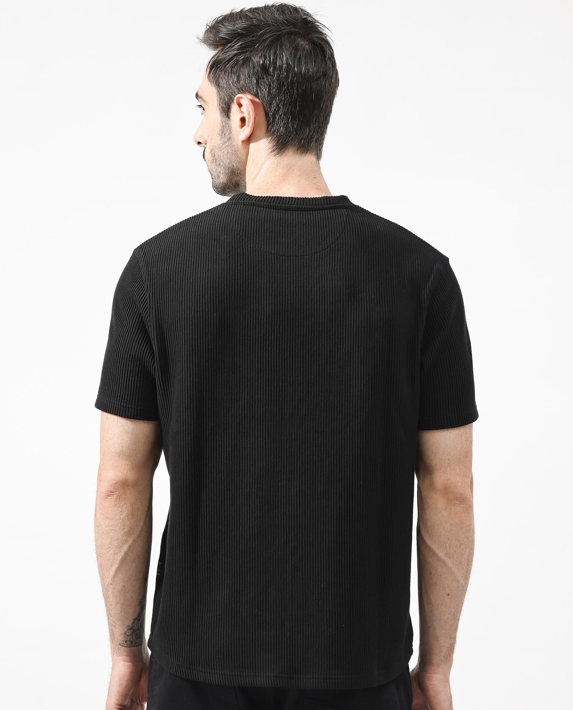 Rare Rabbit Men's Bree Black Crew Neck Ottoman Textured Drop Shoulder Half Sleeves Oversized Fit T-Shirt - view 7