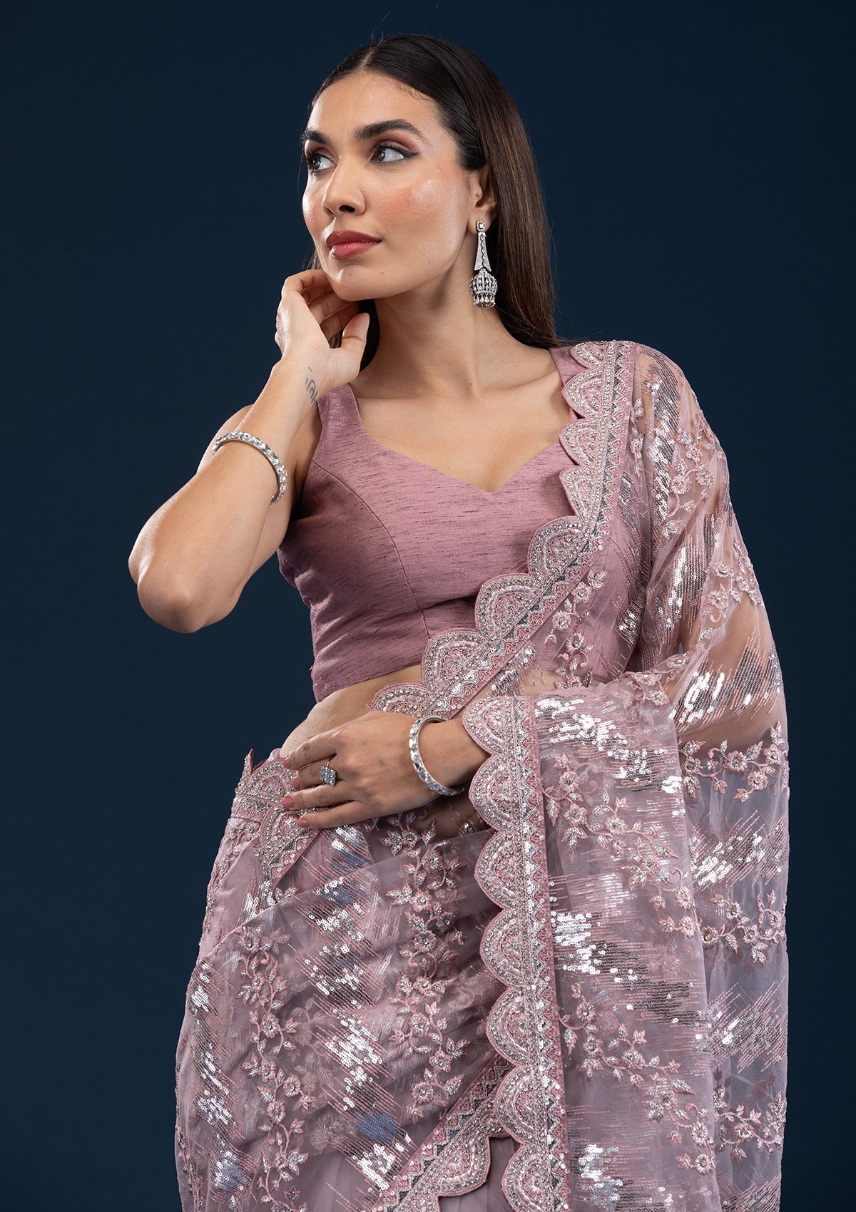 Koskii Onion Pink Sequins Net Saree – Women's - view 6