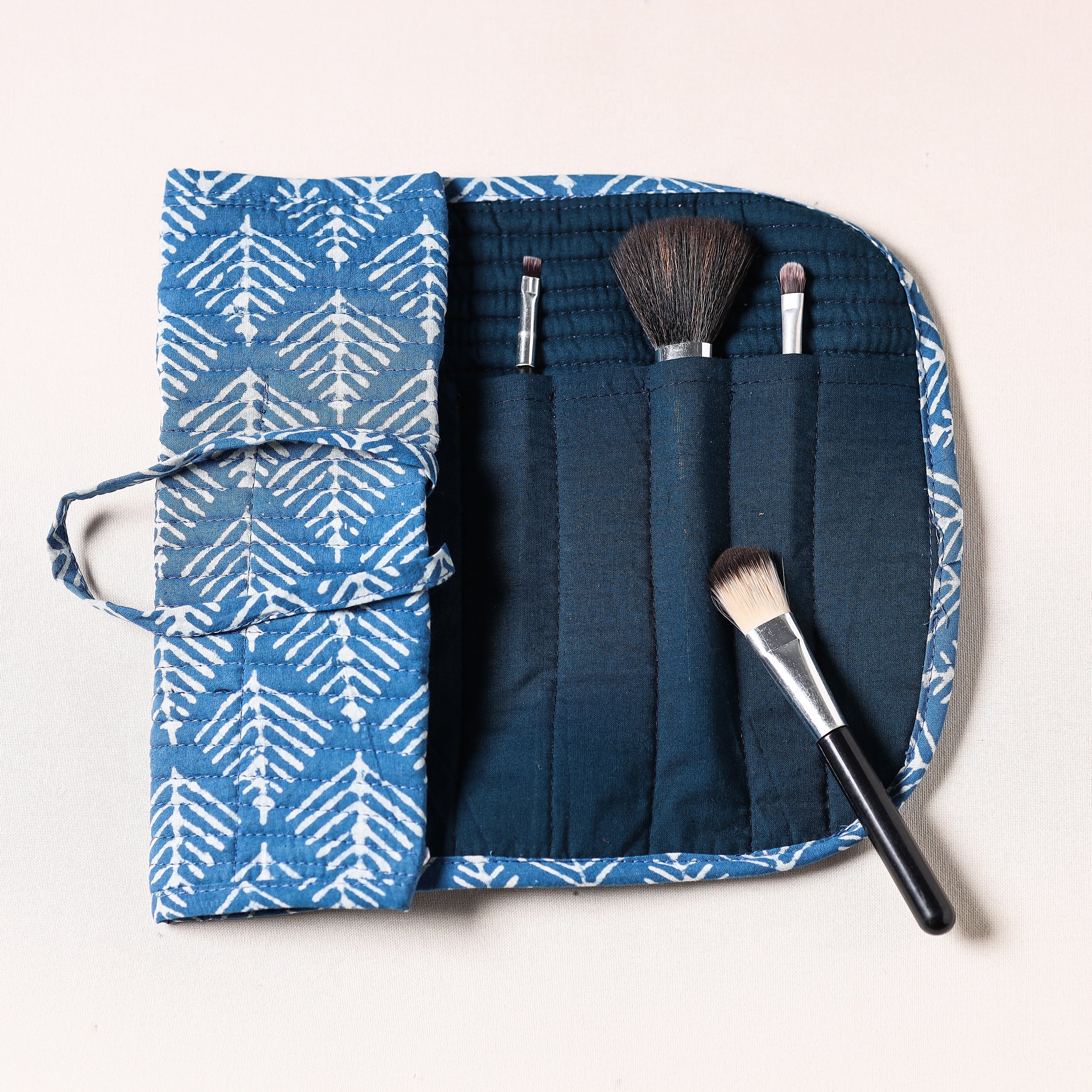 NOORI BAZAR Blue - Bagru Fabric Multipurpose Segmented Make-up Brush Wrap Pouch/Case