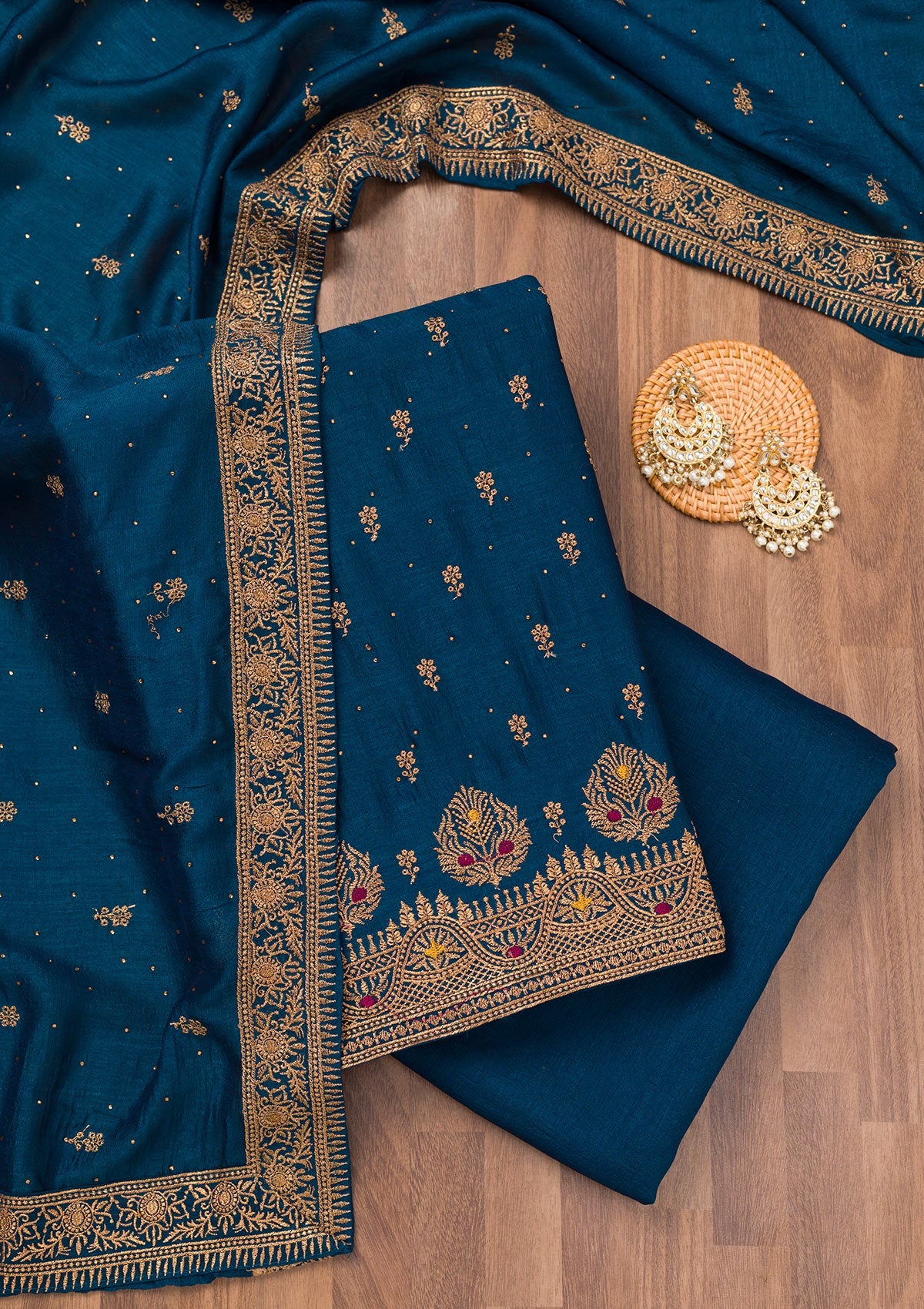 Koskii Peacock Blue Zariwork Raw Silk Unstitched Salwar Suit