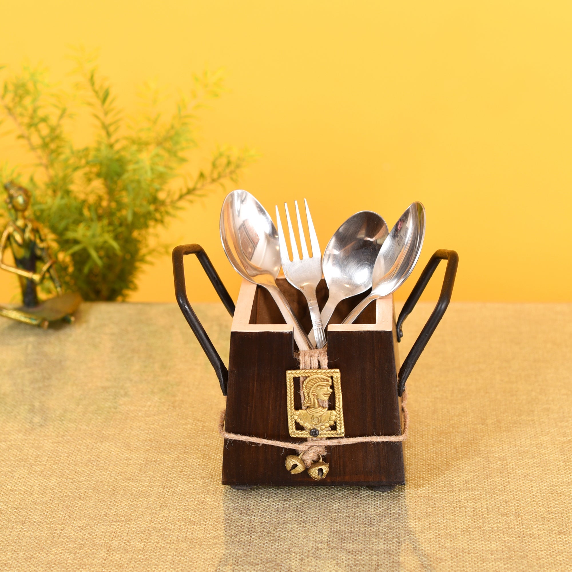 ART CREATIONS BY SUMAN SONTHALIA Brown - Handcrafted Wooden Cutlery Holder with Dhokra Art (3.5 x 5 in)
