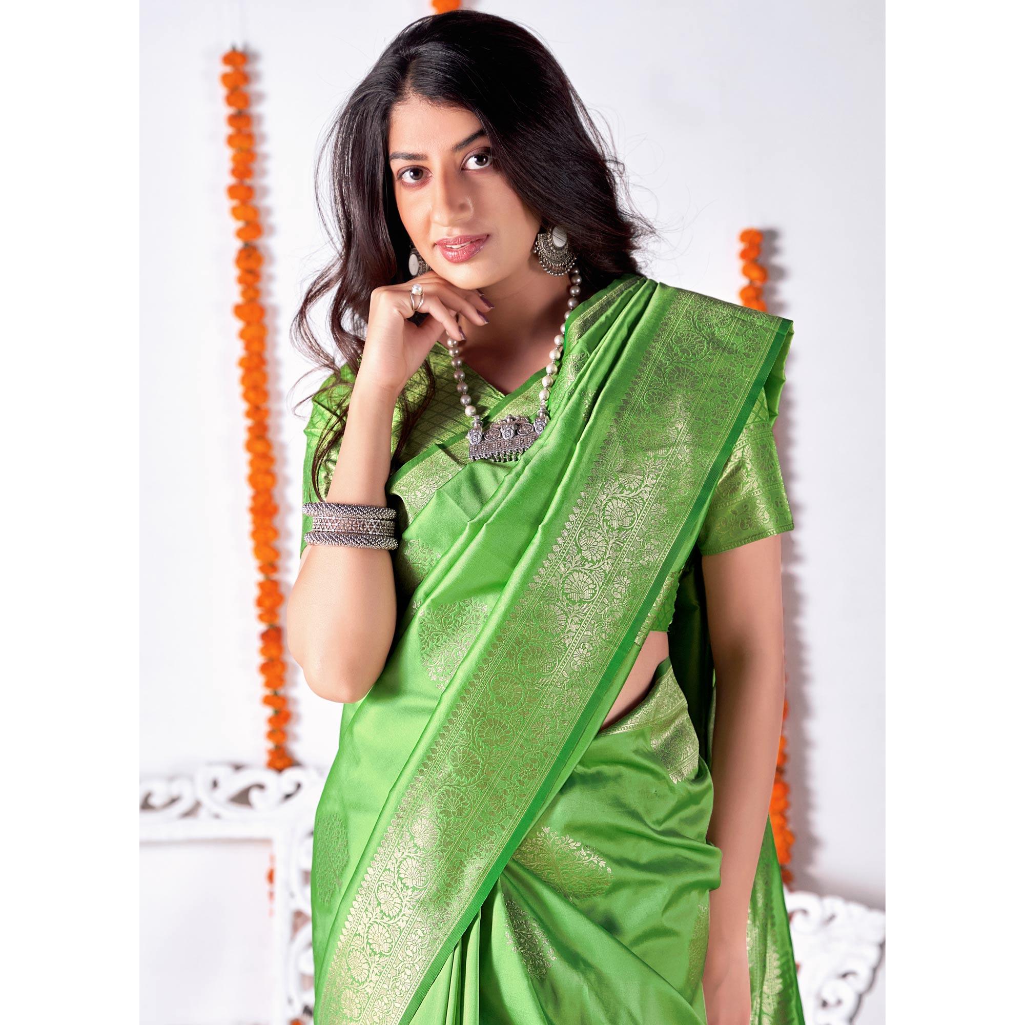Peachmode Mint Green Woven Banarasi Silk Saree - view 4