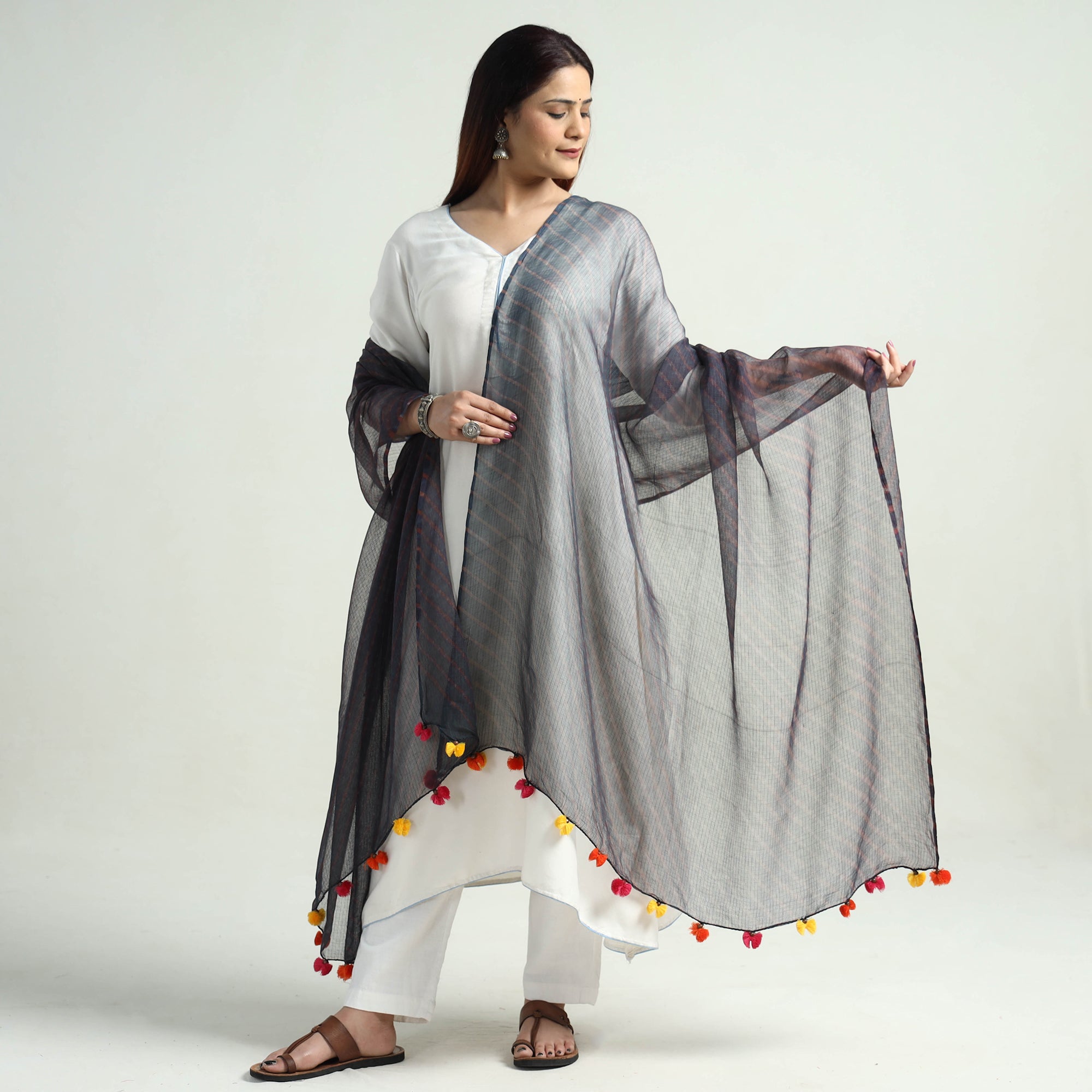 LEHARIYA BY BADSHAH MIYAN Black - Leheriya Tie-Dye Kota Doria Cotton Dupatta with Tassels 60