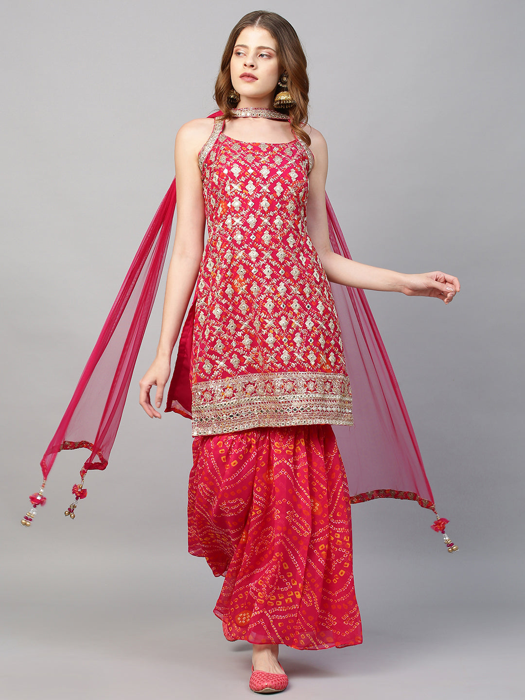 Fashor Zari Embroidered & Bandhani Printed Kurta with Sharara & Dupatta - Hot Pink - view 2