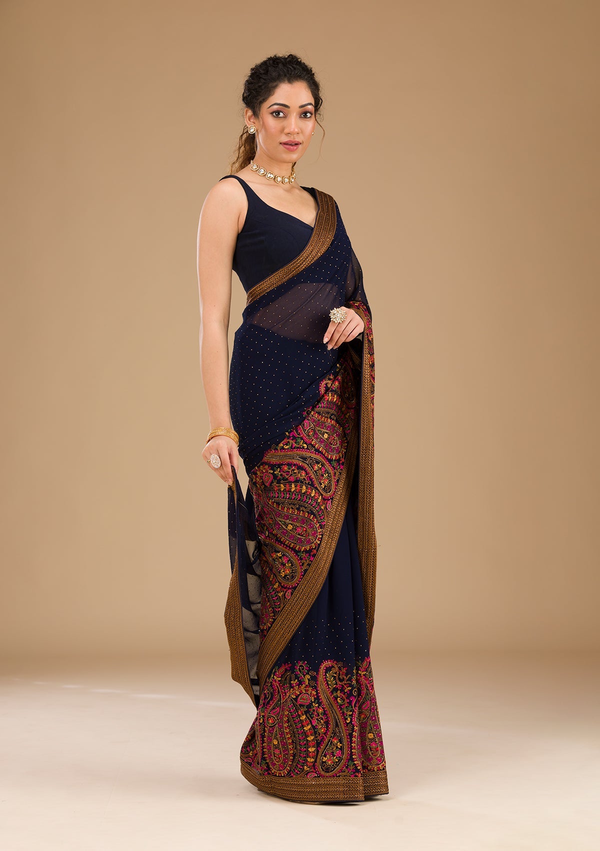 Koskii Navy Blue Threadwork Georgette Saree – Women's - view 5