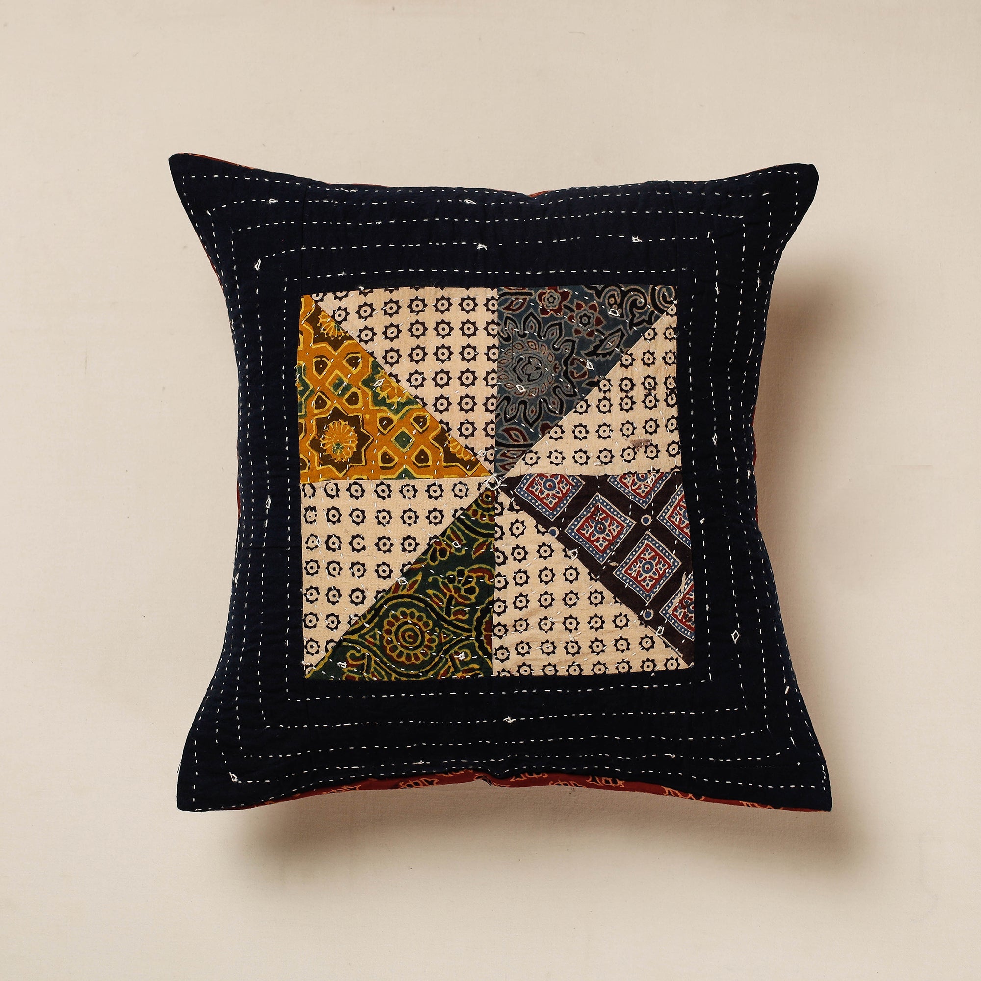 KACHCHH JI CHHAAP Black - Kutch Embroidered Ajrakh Cotton Cushion Cover (16 x 16 in)