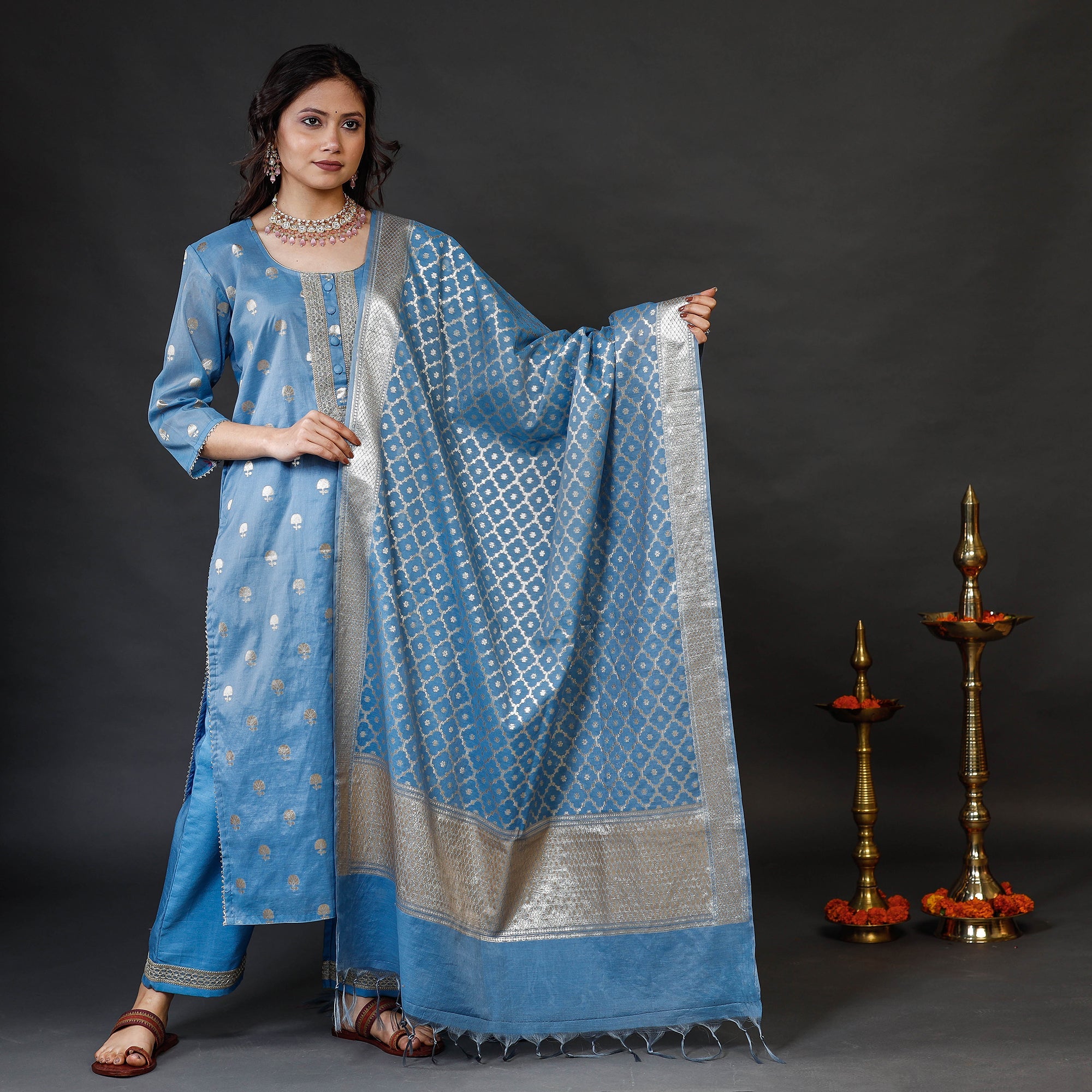 Palazzo dupatta set – ITOKRI CASUALS Blue - Banarasi Silk Cotton Kurta with Palazzo & Dupatta Set