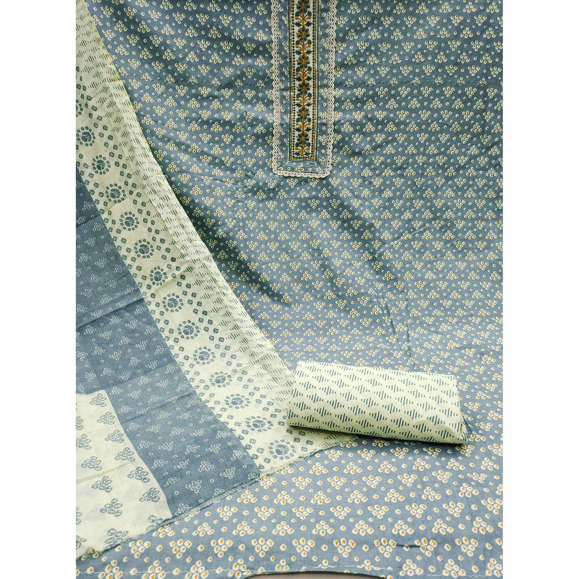 Peachmode Grey Printed With Embroidery Pure Cotton Dress Material - view 3