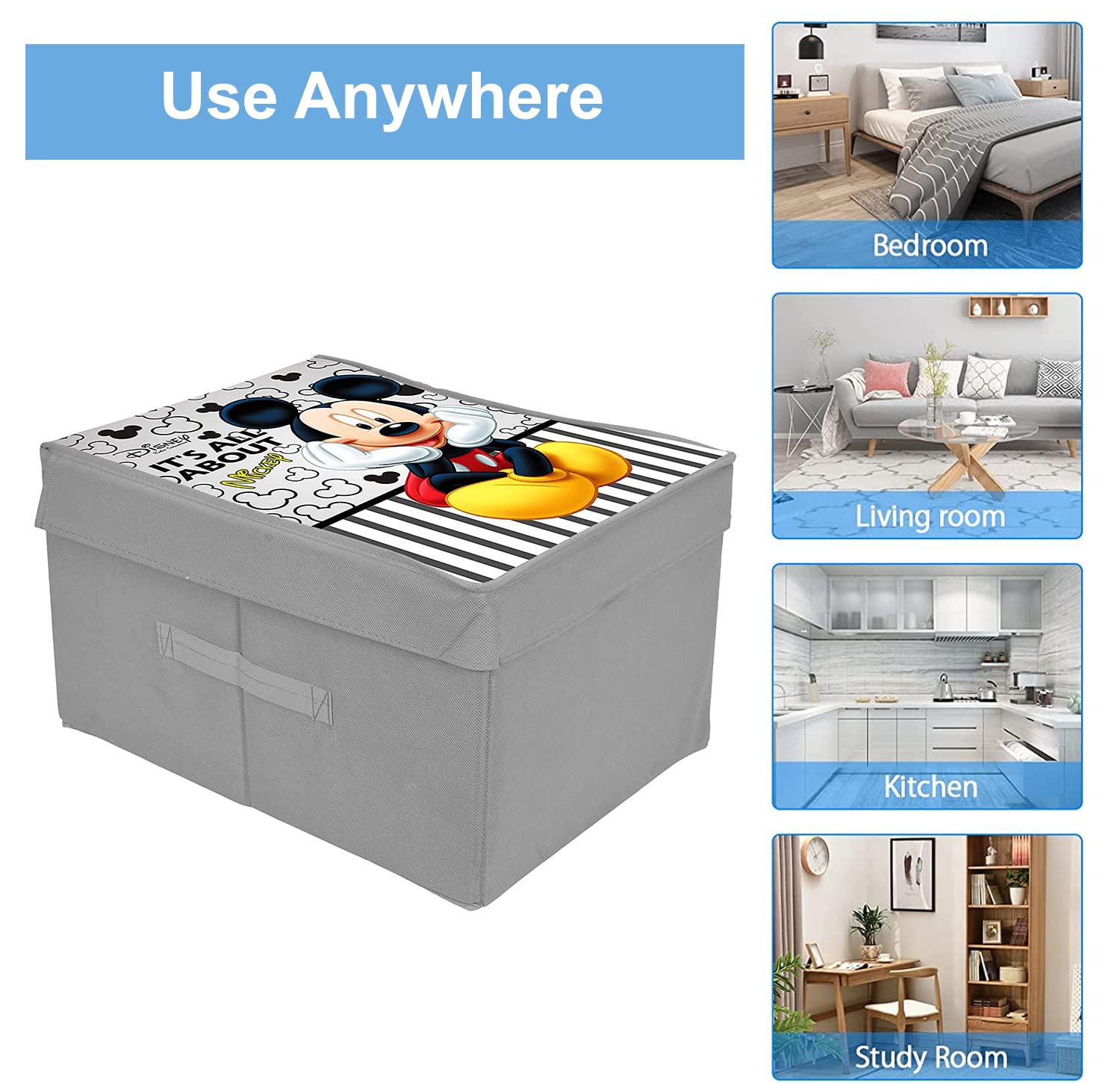 Heart Home Non-Woven Mickey Mouse Print Flodable Storage Box/Wardrobe Organizer With Lid For Home Decor (Grey) 54HH4234. - view 5