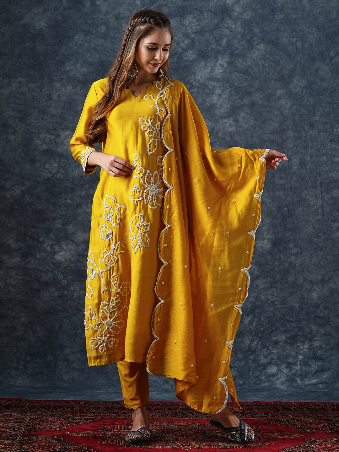 Fashor Solid Floral Dori Embroidered Straight Kurta with Pant & Dupatta - Yellow - view 4