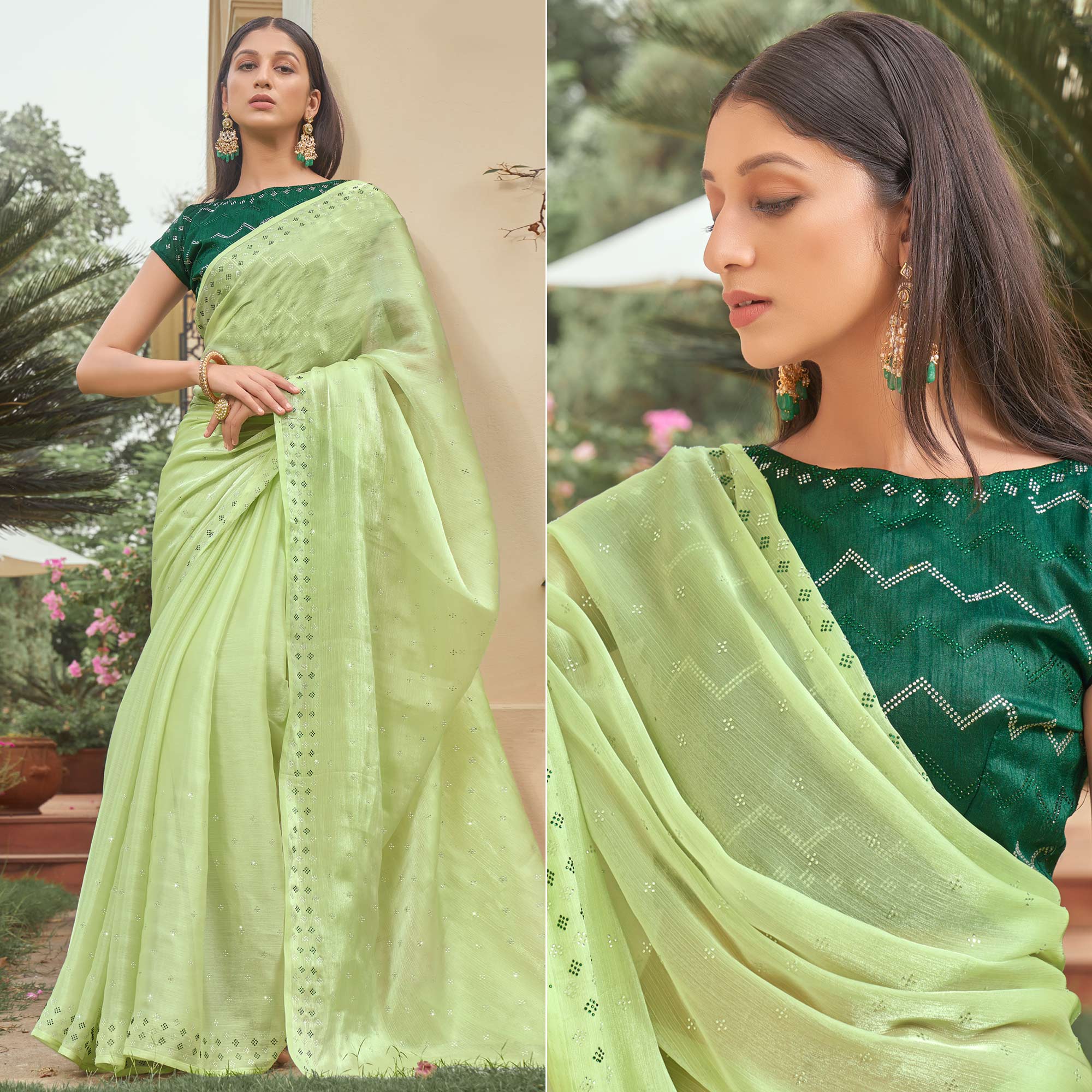 Green sarees – BlackTree green-embroidered-tissue-saree – Women's