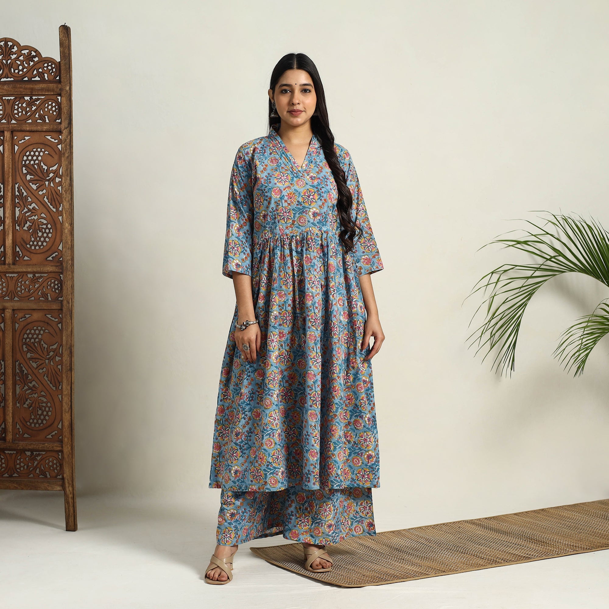 ITOKRI CASUALS Blue - Block Print Cotton Flared Sanganeri Kurta Set 02