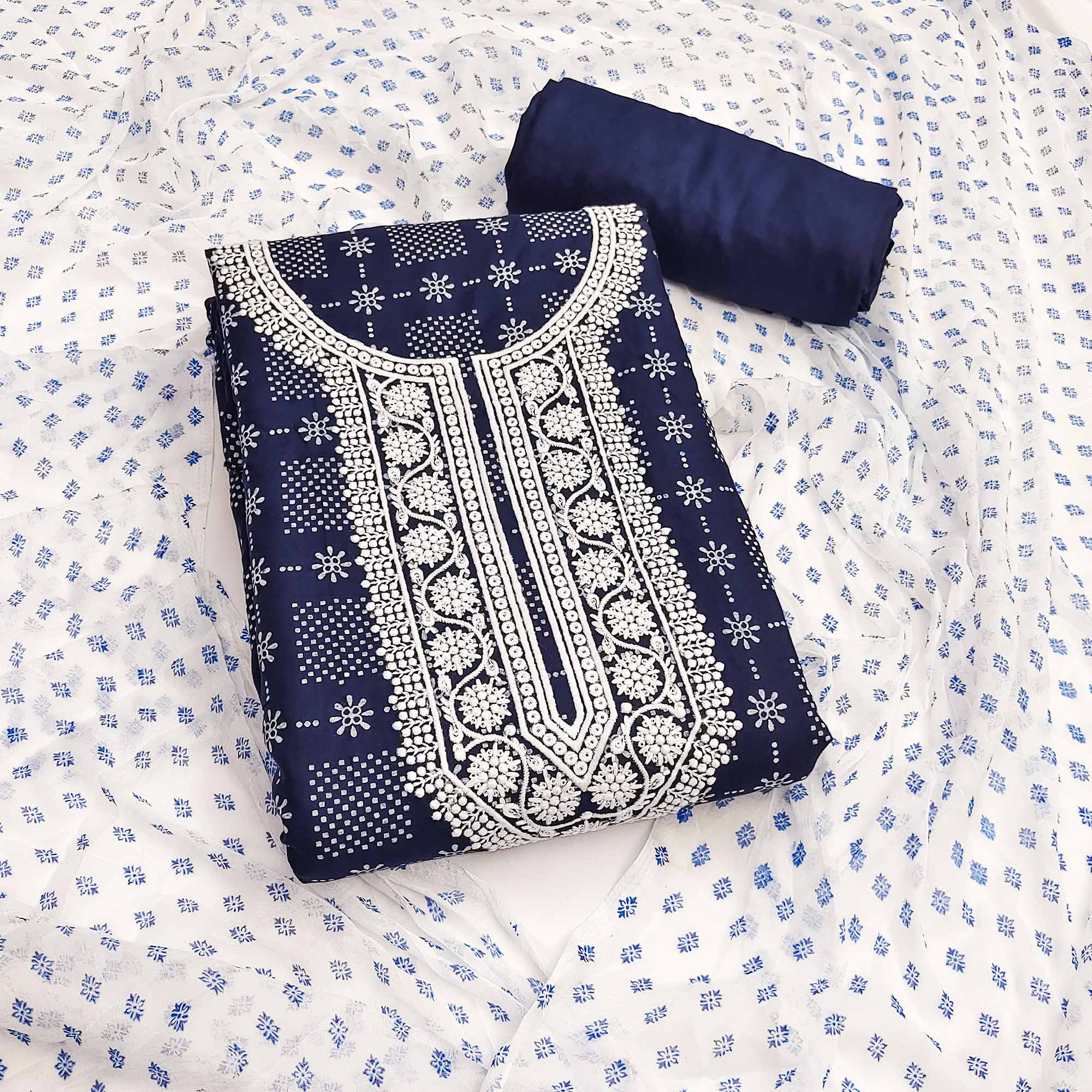 Peachmode Navy Blue Printed Rayon Dress Material