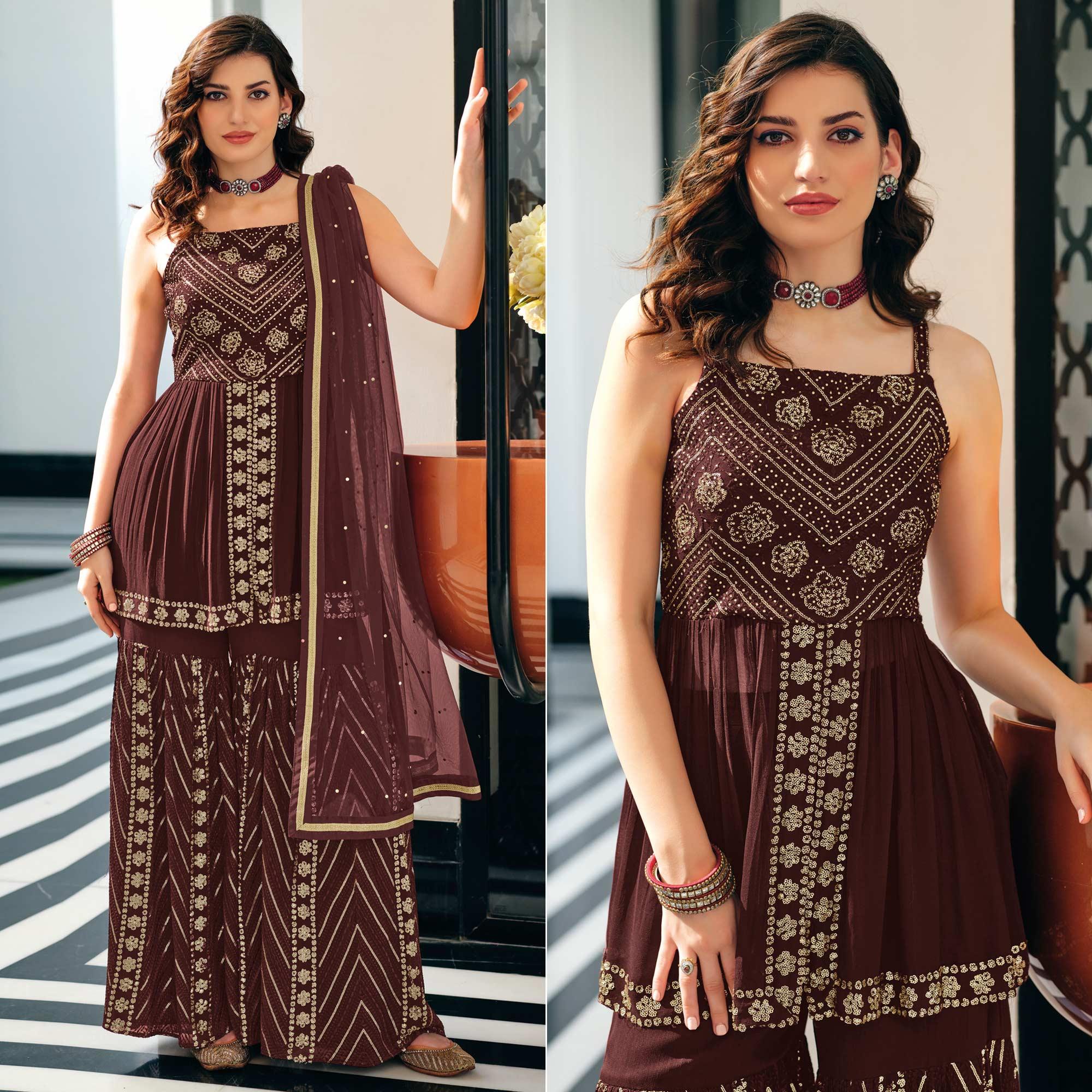 Peachmode Brown Party Wear Embroidered Georgette Sharara Suit