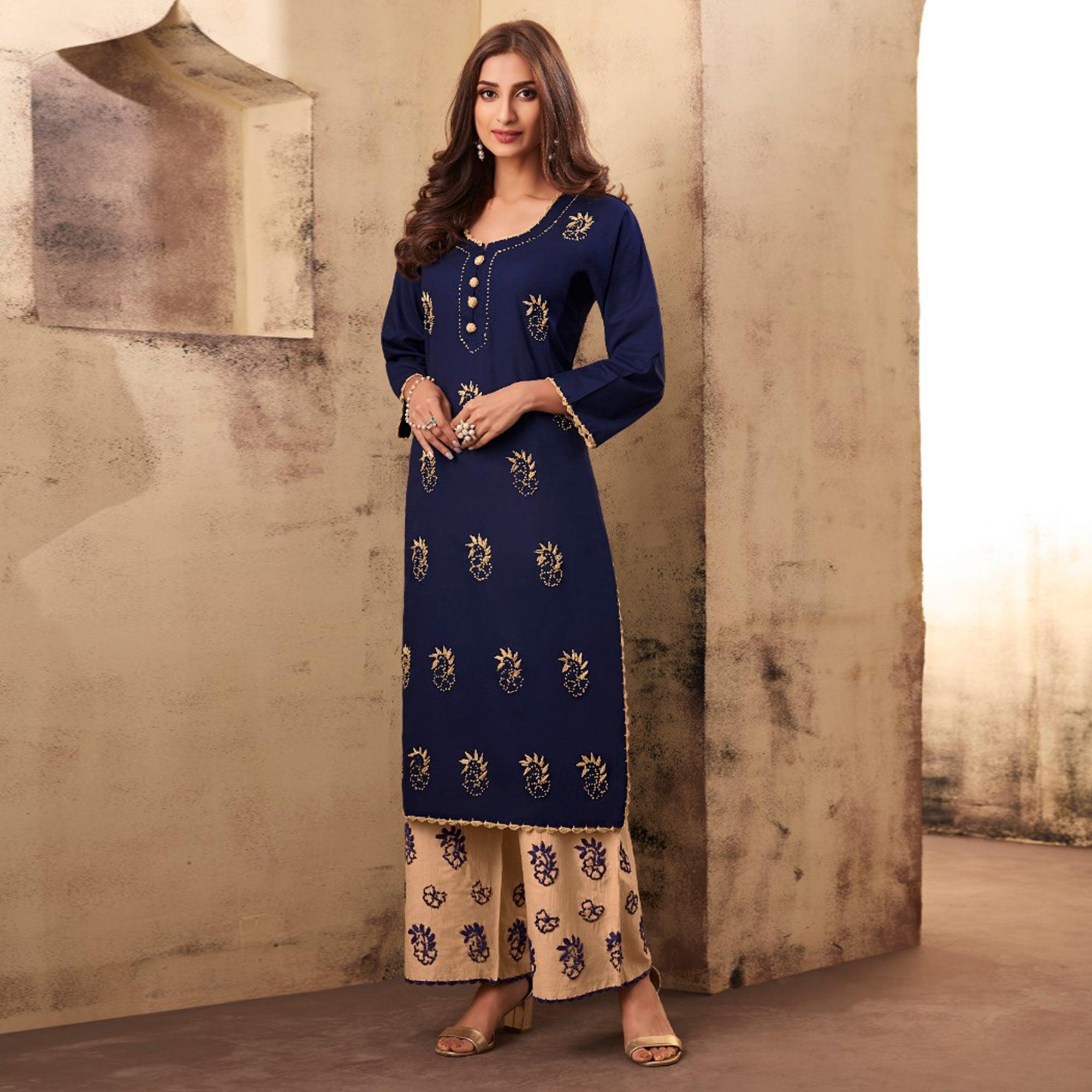 Peachmode Majesty Navy Blue Colored Casual Wear Embroidered Rayon Kurti Palazzo Set