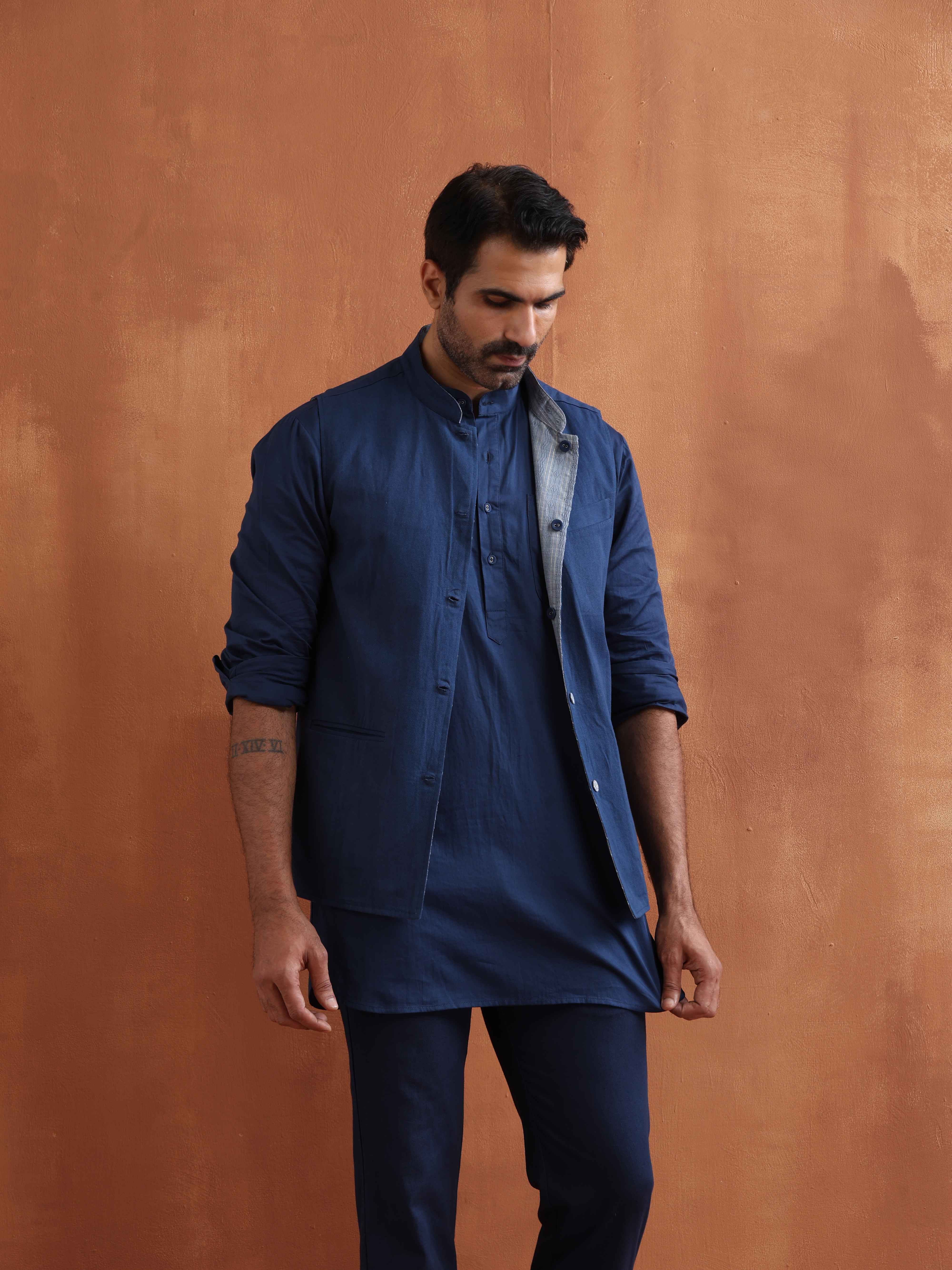 trueBrowns Men's Blue Chanderi Reversible Nehru Jacket - view 3