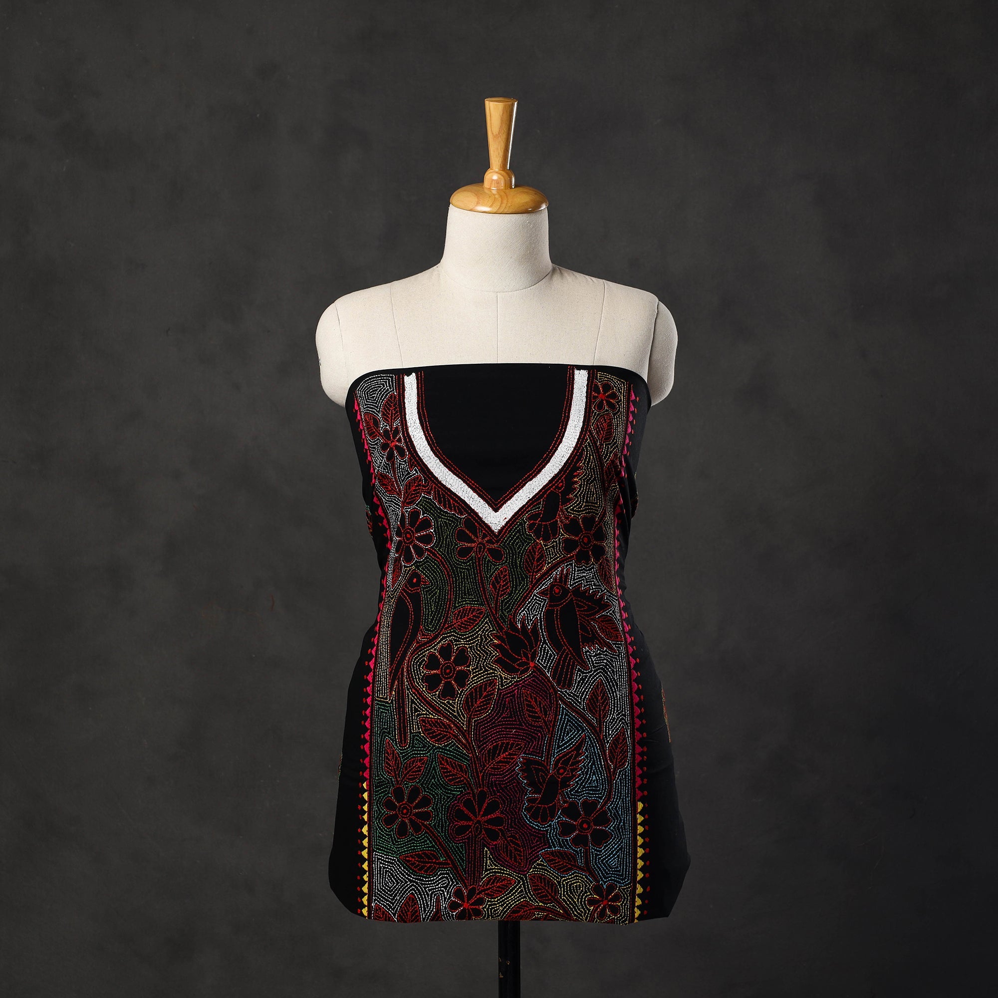 KHUSHBASH - HAPPY LOOM OF EAST Black - Bengal Kantha Embroidery Cotton Kurta Material - (2.75m) 15