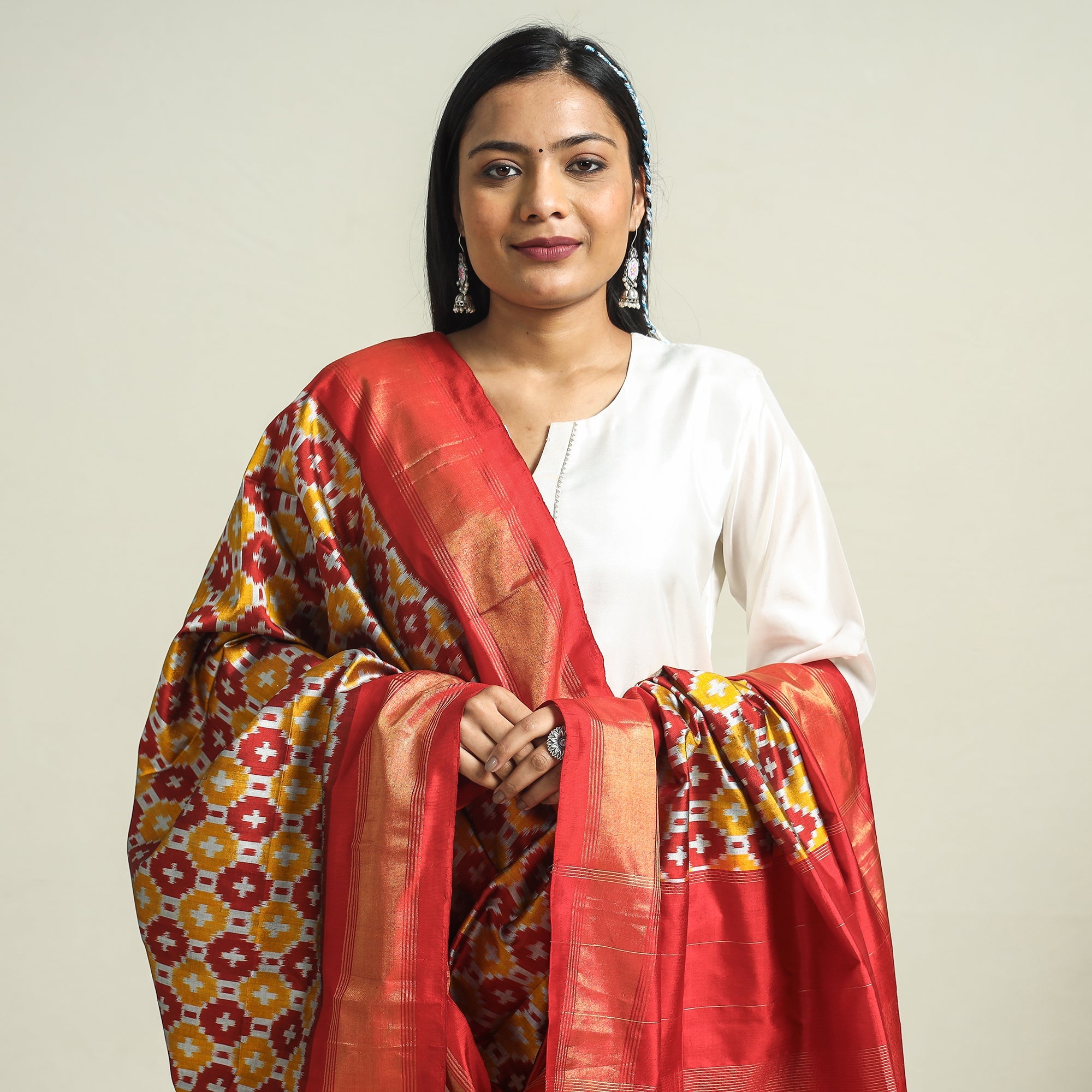 IKAT WEAVES BY EDEM CHANDANA Brown - Handwoven Pochampally Ikat Pure Mulberry Silk Dupatta with Tassels - view 3