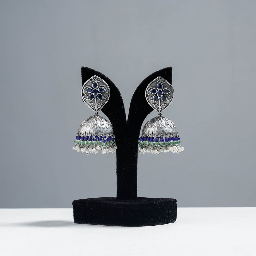 WHITE RIVER STORIES Antique Silver Finish Oxidised Brass Base Jhumki Earrings
