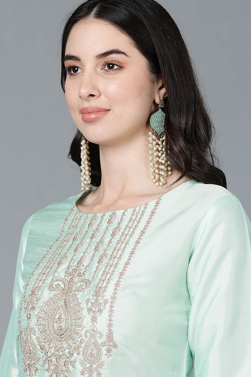 Ahika Mint Green Poly Silk Straight Kurta Pant With Dupatta Set PKSKD1478 - view 2