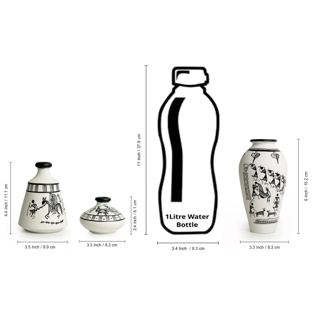 EXCLUSIVELANE 'Warli White Matkis' Handpainted Terracotta Vases (Set of 3) - view 7