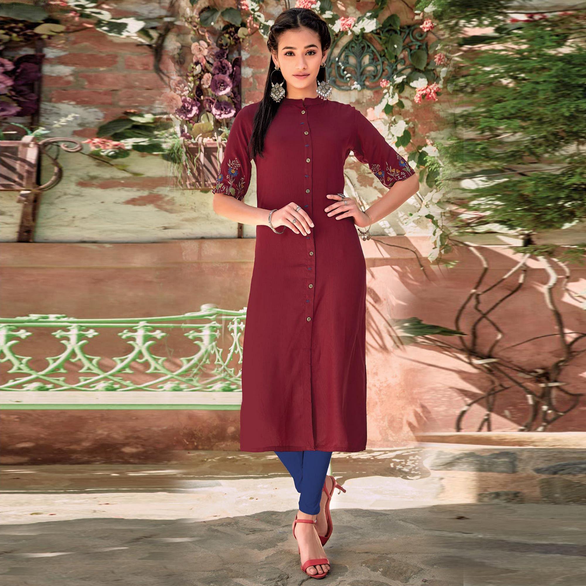 Peachmode Seller Maroon Floral Embroidered Rayon Kurti - view 3