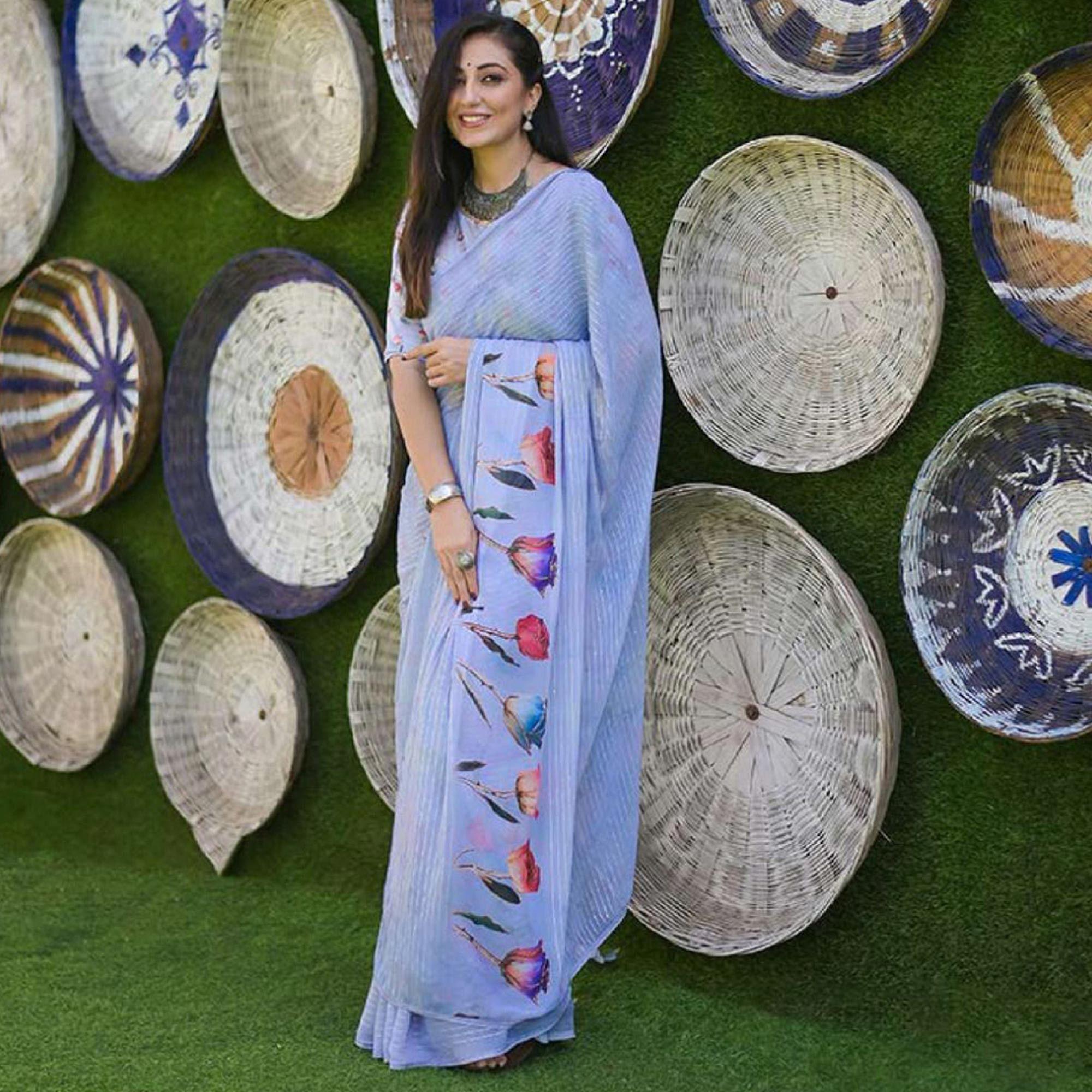 Peachmode Lavender Party Wear Digital Printed Georgette Saree