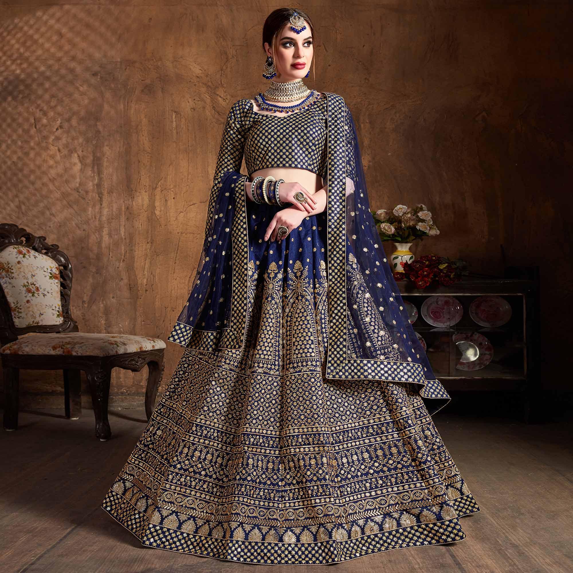Peachmode Mesmerising Blue Colored Designer Embroidered Banglori Silk Lehenga Choli