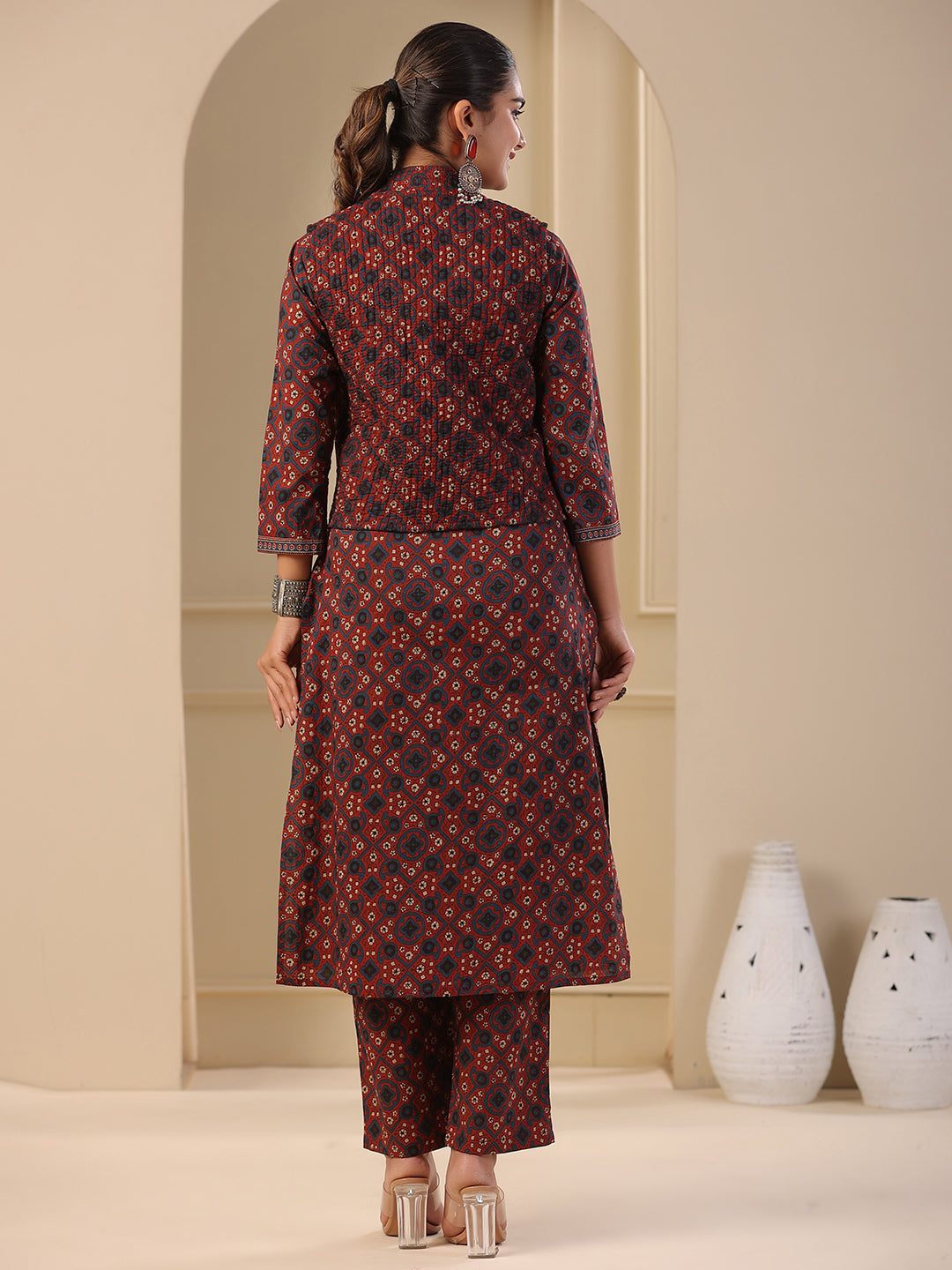 Fashor Ajrakh Block Printed Sequins Embroidered Kurta with Quilted Reversible Waist Coat & Pants - Maroon - view 6