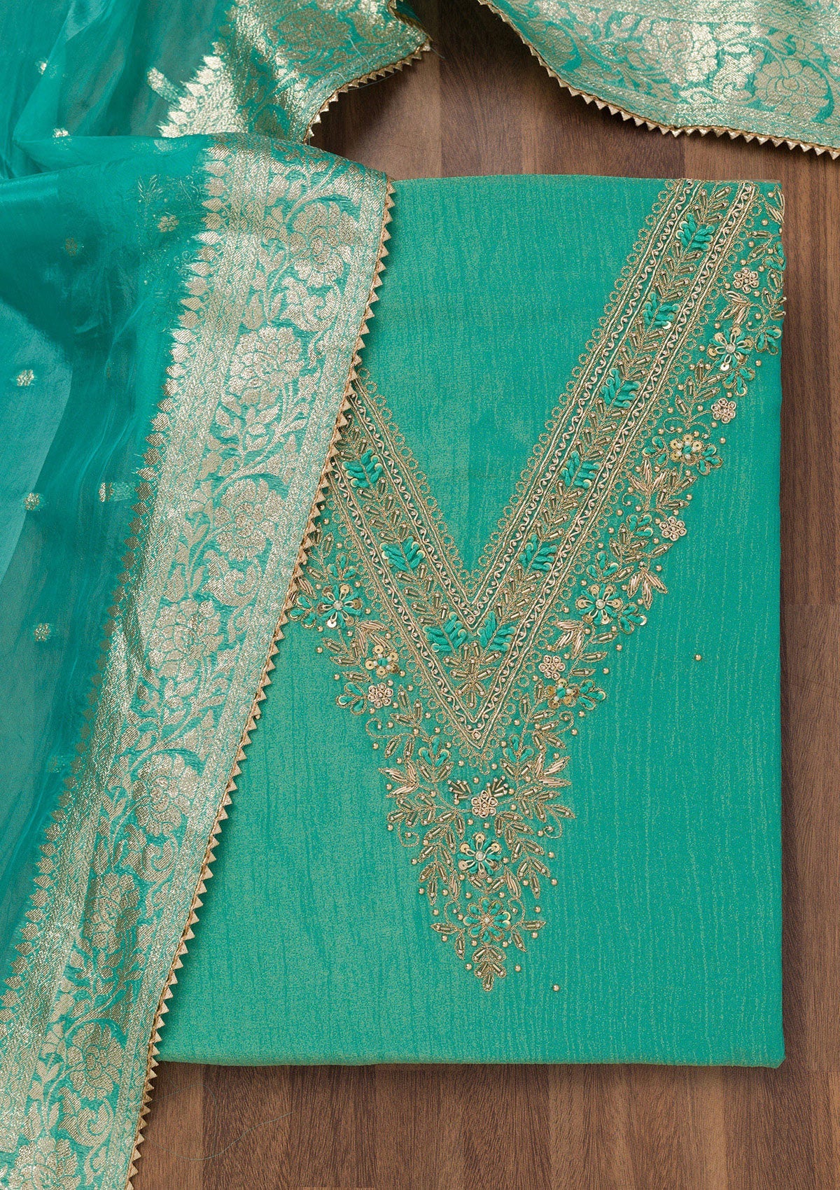 Koskii Sea Green Zariwork Raw Silk Unstitched Salwar Suit - view 5