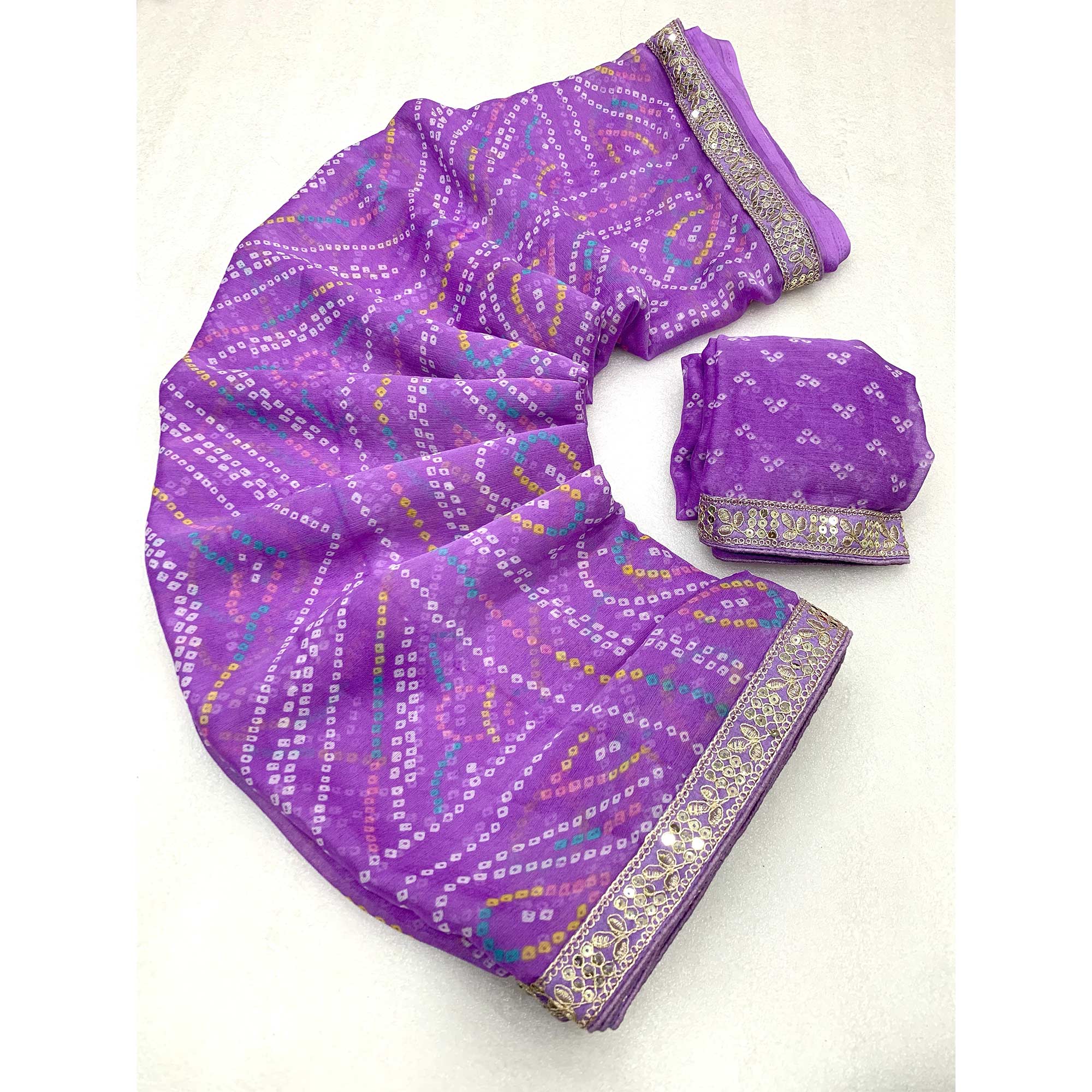Peachmode Lavender Bandhani Printed Chiffon Saree - view 3