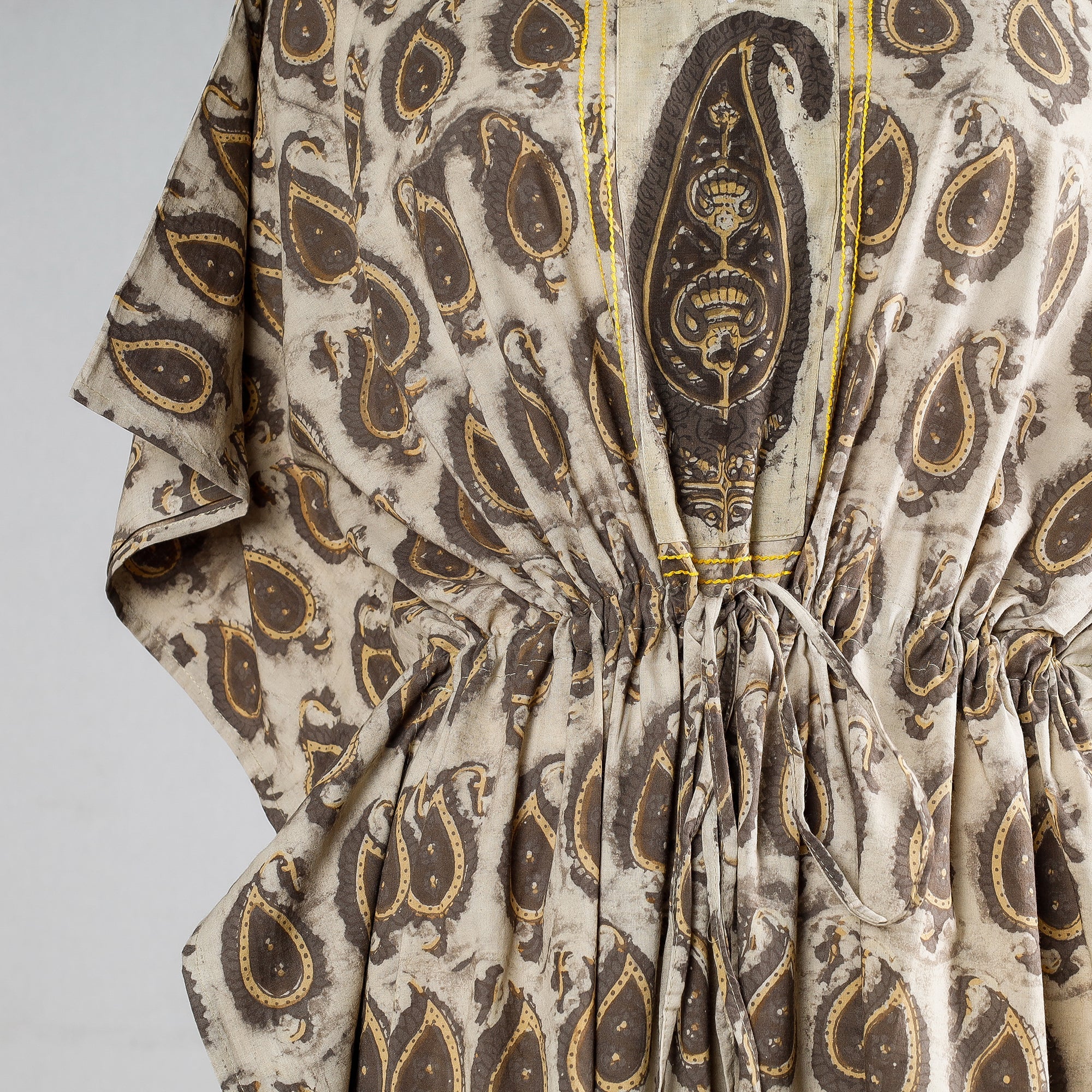 THE SAFFRON SAGA Beige - Block Print Cotton Ajrakh Kaftan with Tie-Up Waist (Long) - view 3