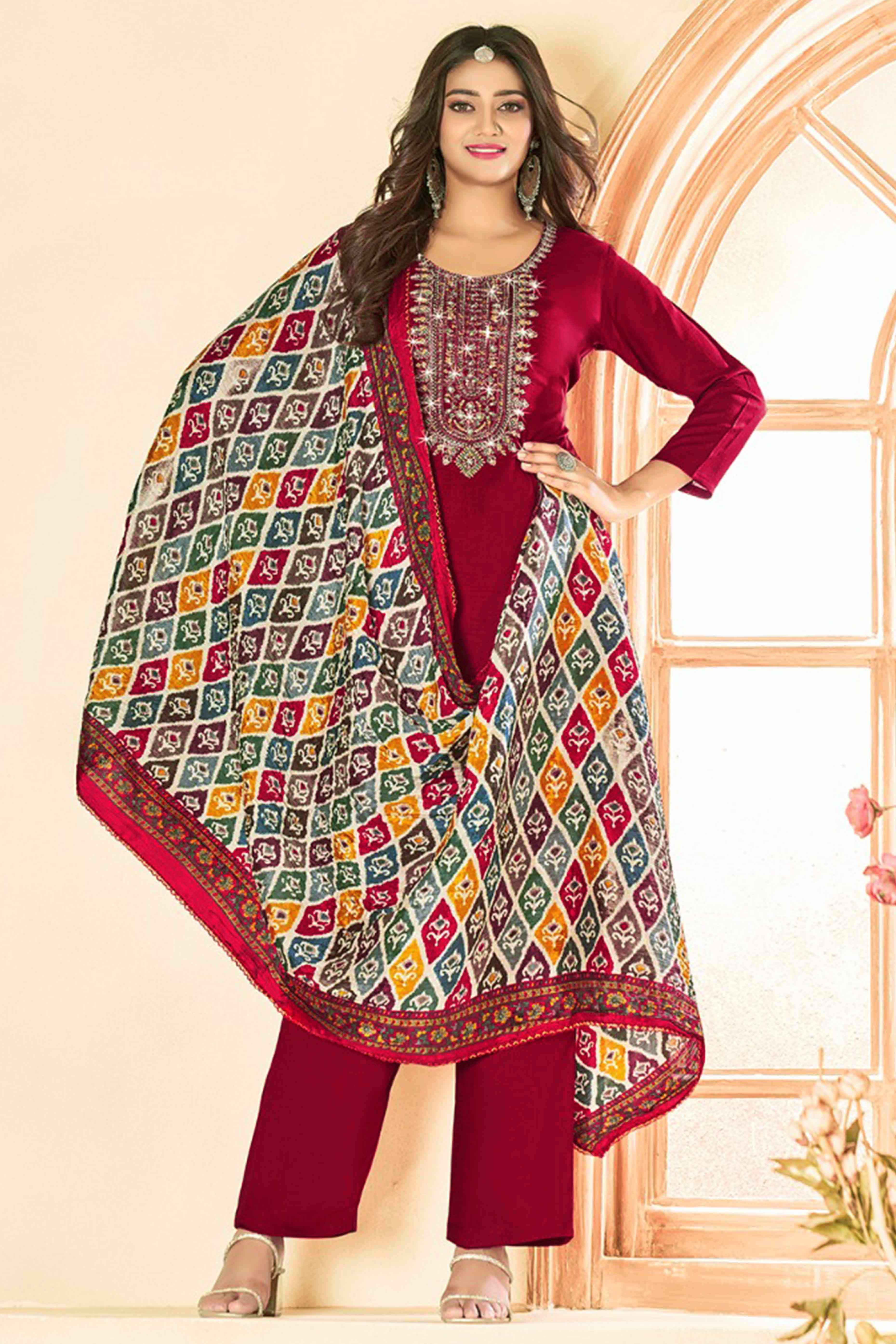 Peachmode Maroon Embroidery With Diamond Rayon Dress Material