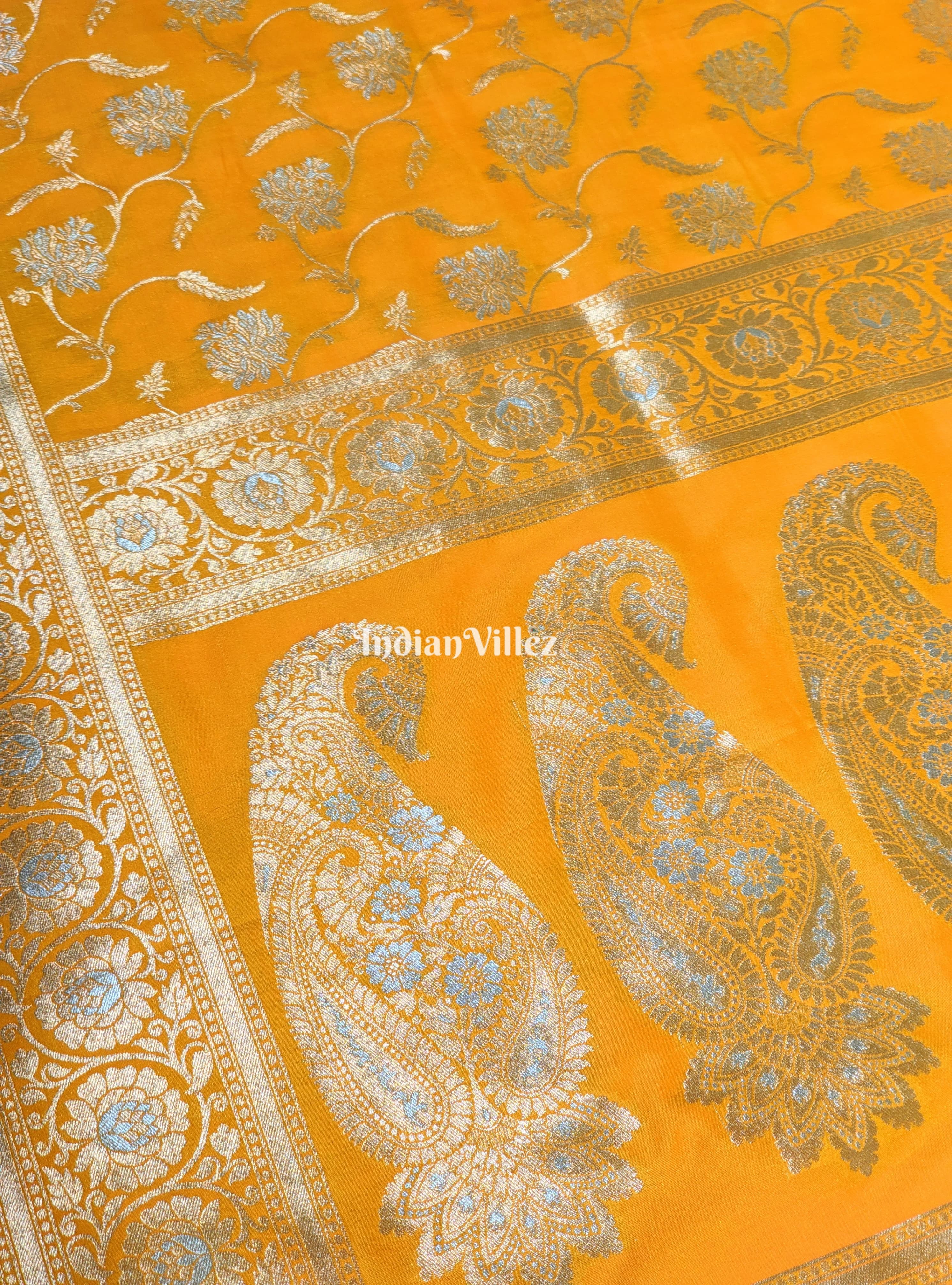 IndianVillèz Yellow Floral Design Pure Banarasi Katan Saree - view 3