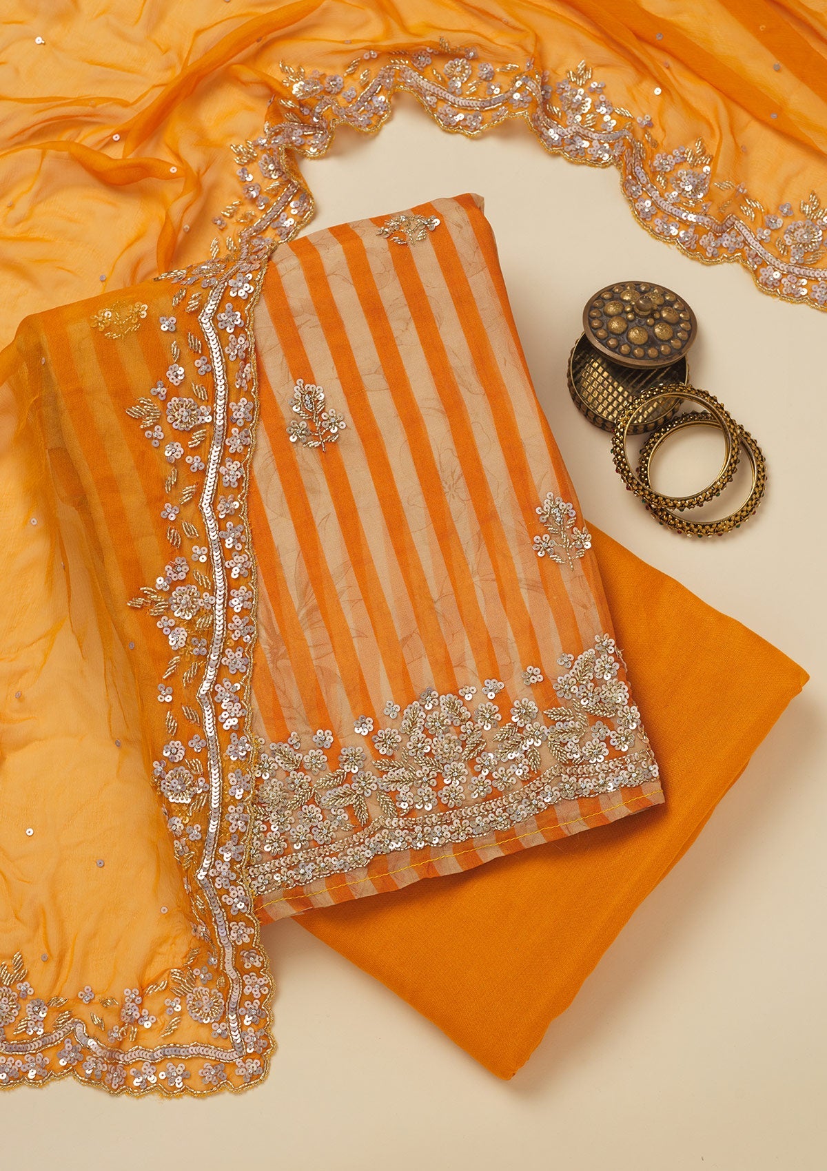 Koskii Orange Cutdana Semi Crepe Unstitched Salwar Suit