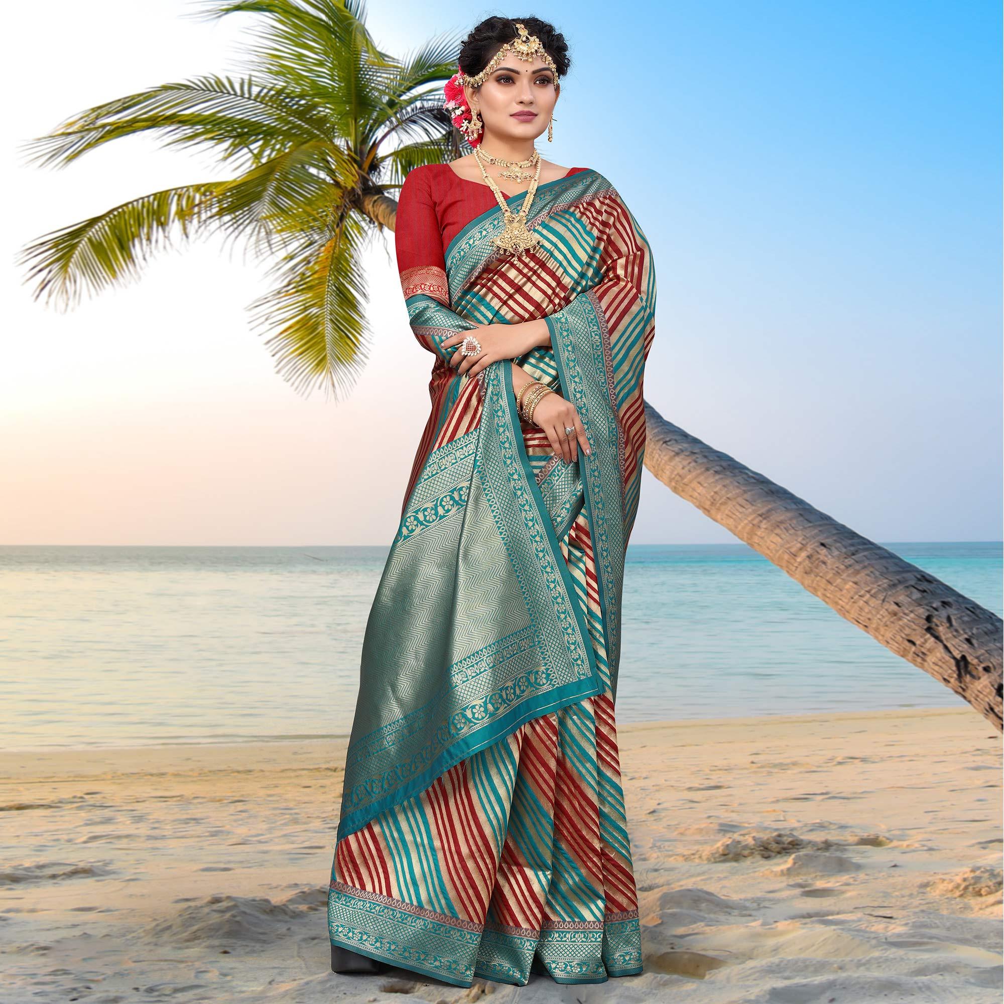 Peachmode Blue Stripe Printed Pure Silk Saree - view 4