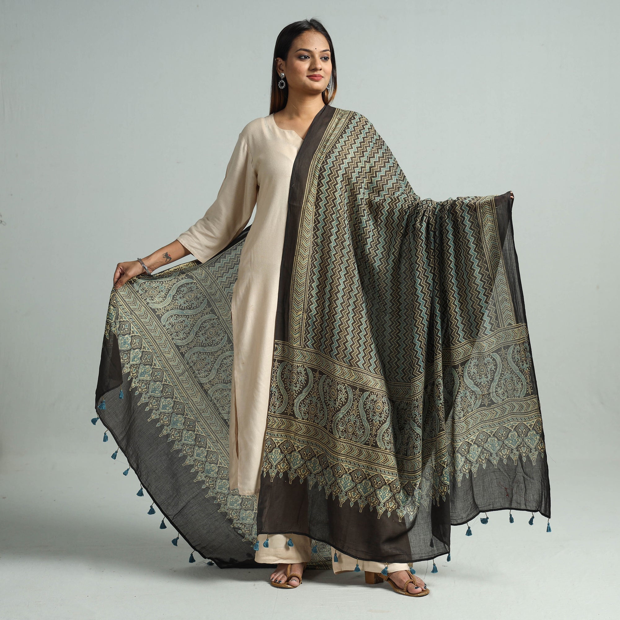 AJRAKH BY SUFIYAN ISMAIL KHATRI Brown - Hand Block Printed Cotton Ajrakh Dupatta 49