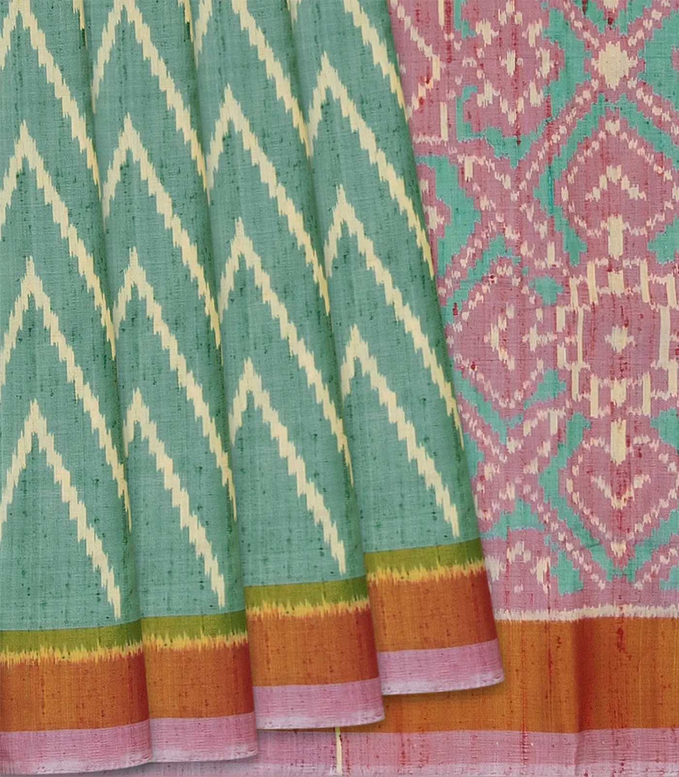 RmKV Aquamarine Handloom Ikat Dupion Silk Saree With Chevron Motifs-Aquamarine