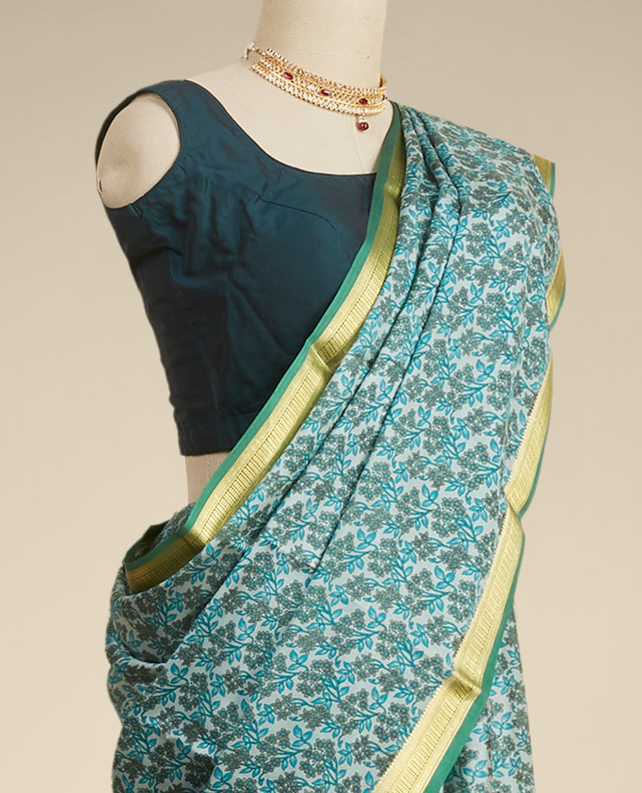 Pothys Green floral printed silk saree with contrast zari border
