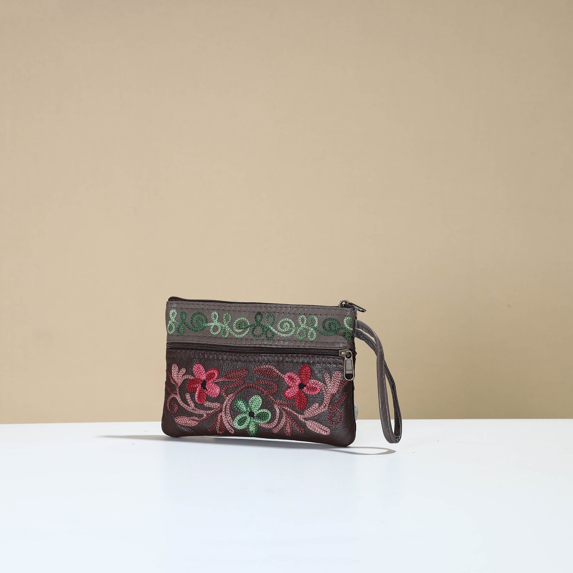 ITOKRI CRAFTS INITIATIVE Brown - Kashmiri Crewel Hand Embroidery Leather Clutch 13 - view 2