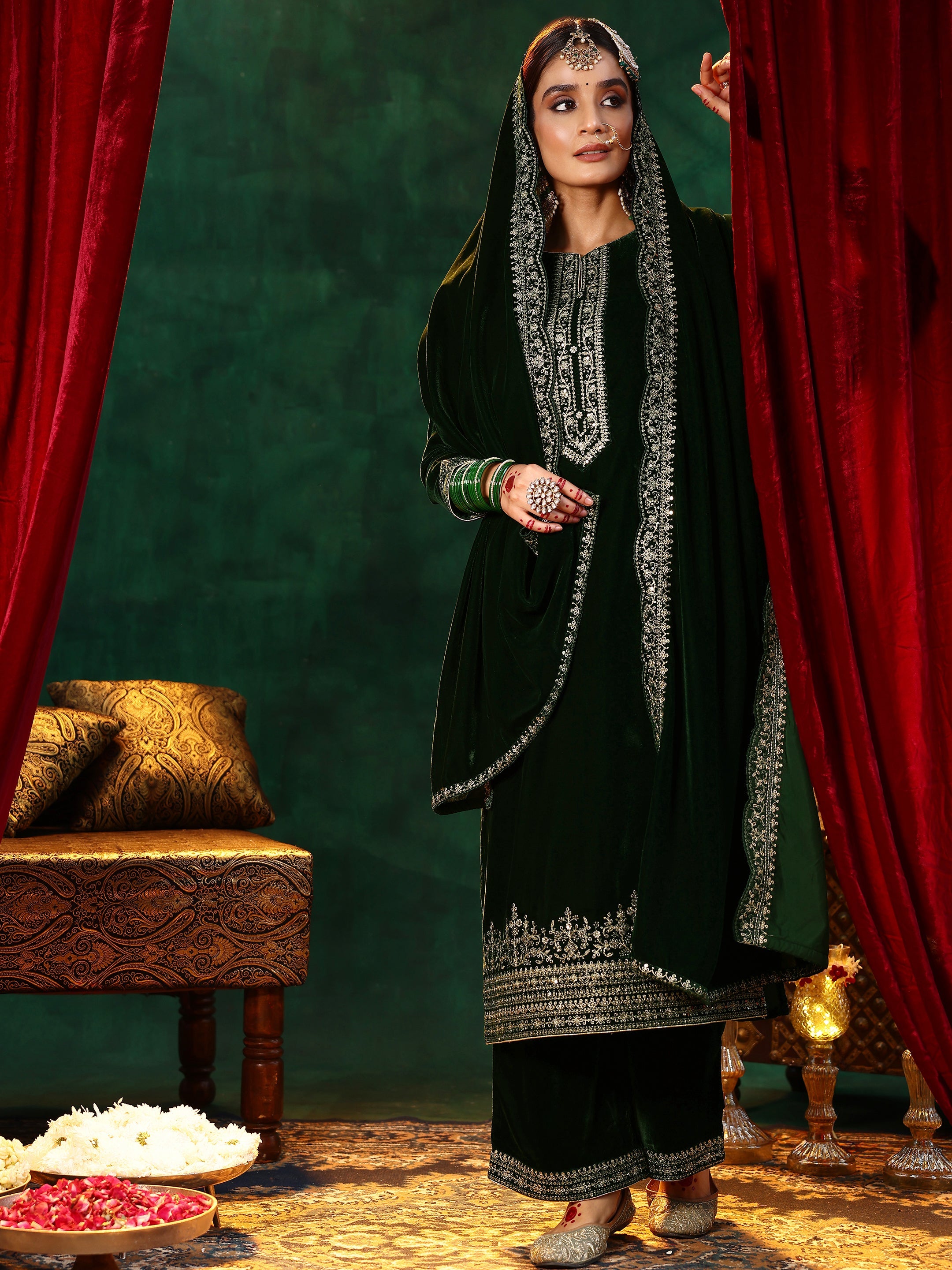 Libas Green Embroidered Velvet Straight Suit With Dupatta
