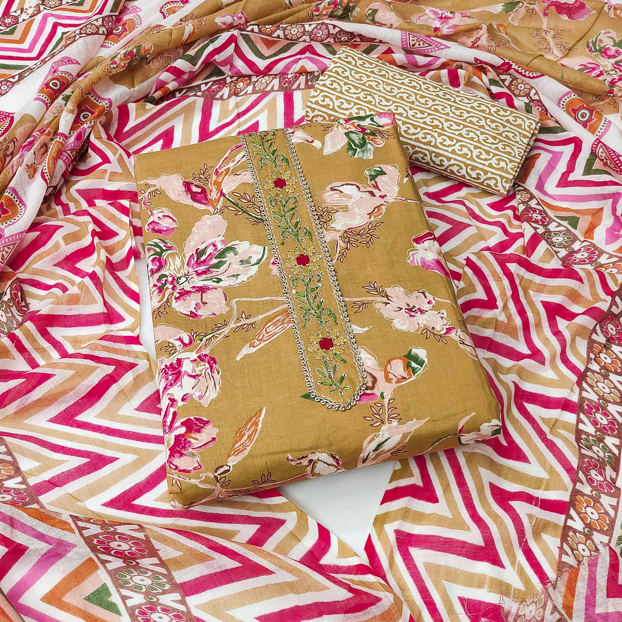 Peachmode Chikoo Floral Printed With Embroidered Pure Cotton Dress Material
